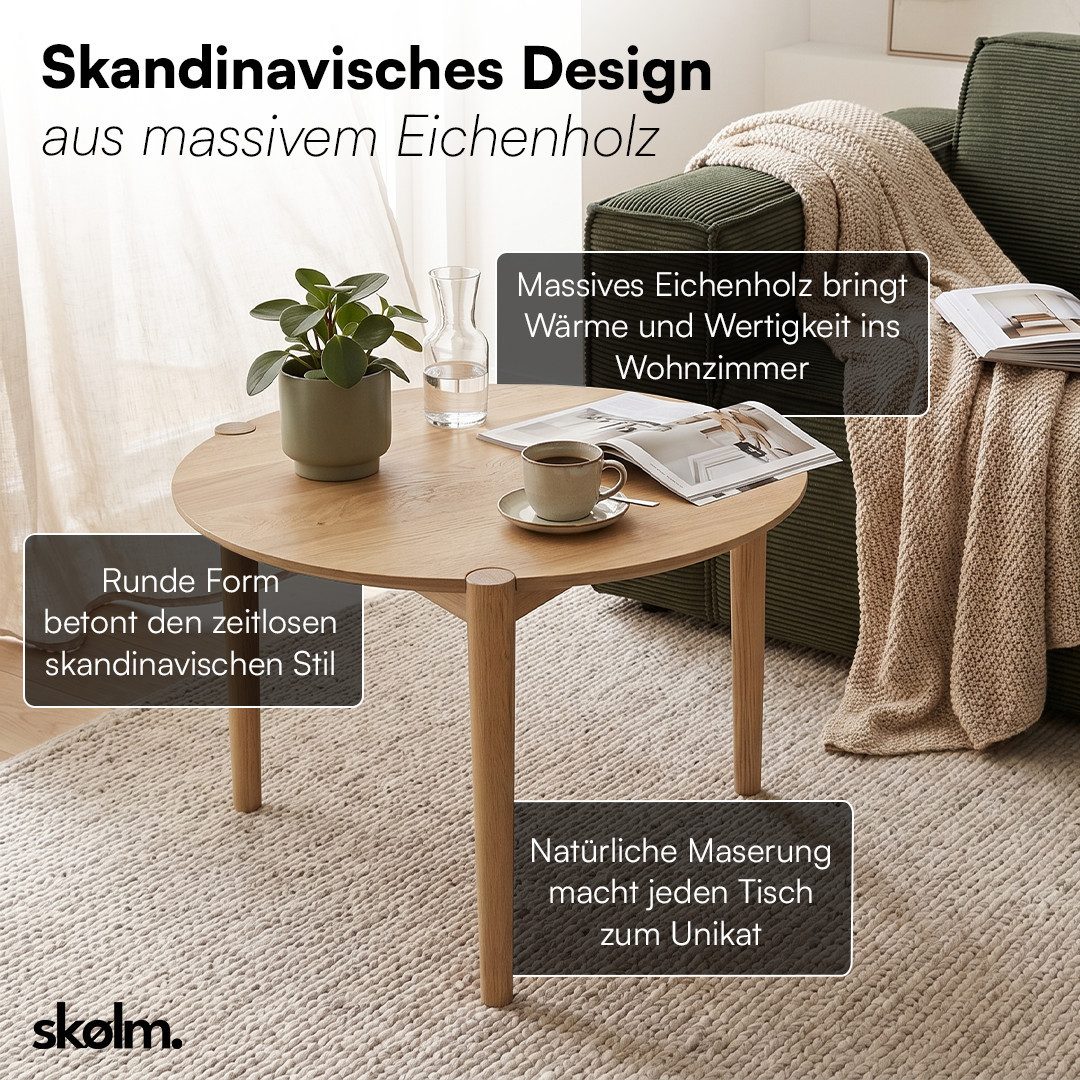 skølm Couchtisch Åsarna aus Eiche Massivholz (55 cm, geölt & lackiert), natur, bis 10kg belastbar, Beistelltisch rund, Sofatisch mit 3 Beinen