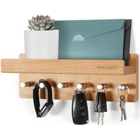 HAUSIST Schlüsselbrett Schlüsselbrett Holz mit Ablage schlüsselkasten mit Edelstahlhaken, aus Holz mit 6 Edelstahlhaken, Weihnachtsgeschenk