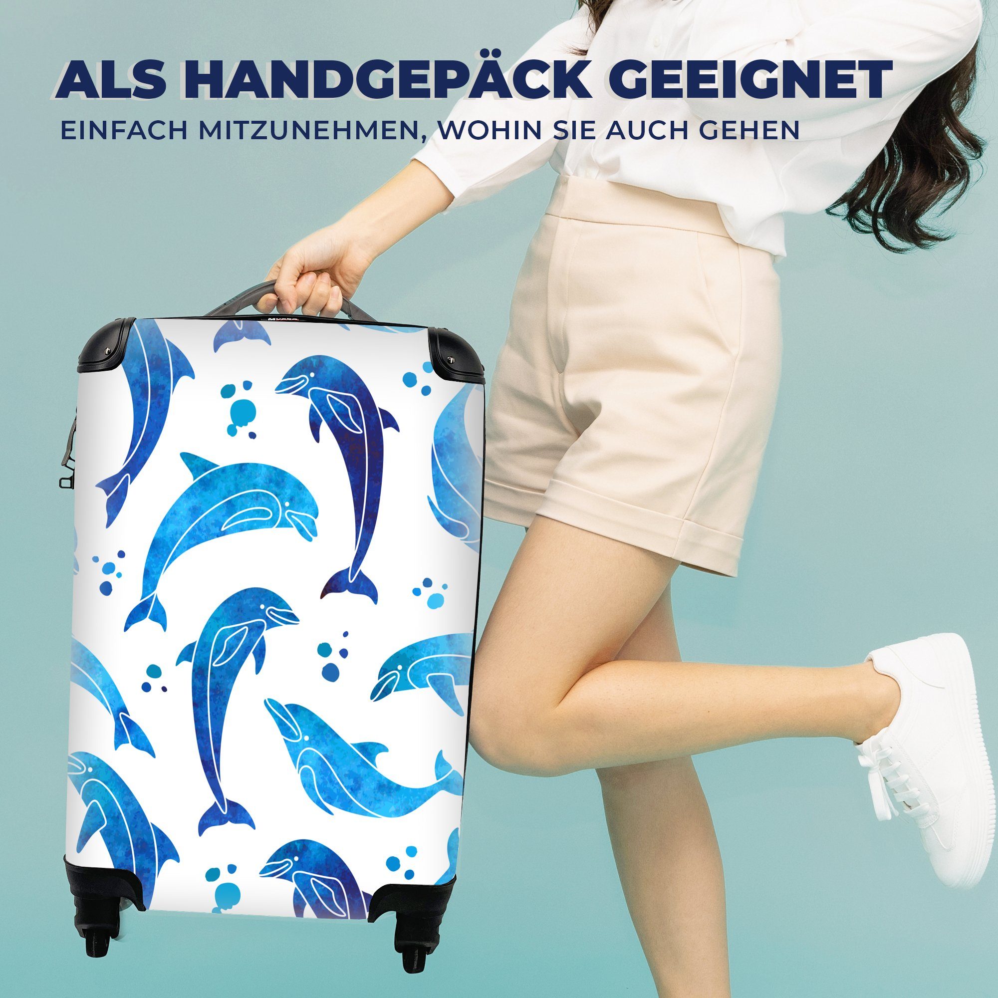 Reisekoffer rollen, - für - - Mädchen Muster Kinder, MuchoWow Handgepäck - Tiere - - Reisetasche mit Rollen, Mädchen Trolley, Delphin Ferien, Kinder 4 Handgepäckkoffer