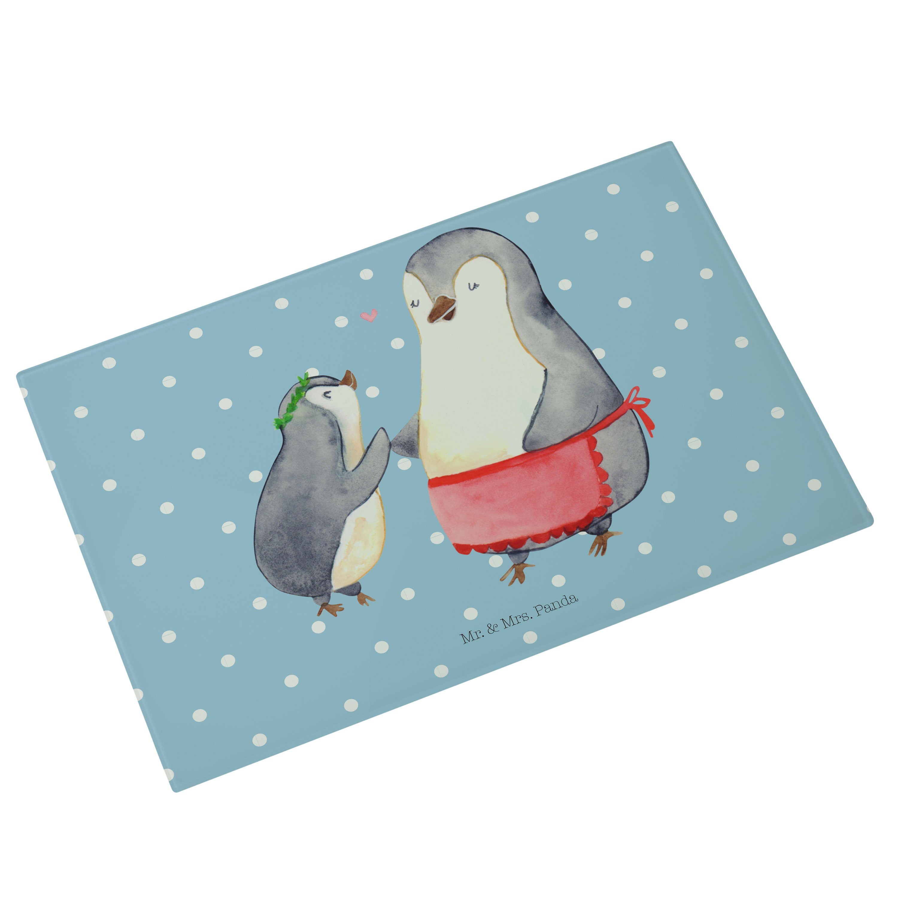 - Geschenk, Blau mit (1-St) Mrs. Pinguin Panda Kind Mami, Glasschneidebrett, Mr. - Premium Pastell Glas, Servierbrett &