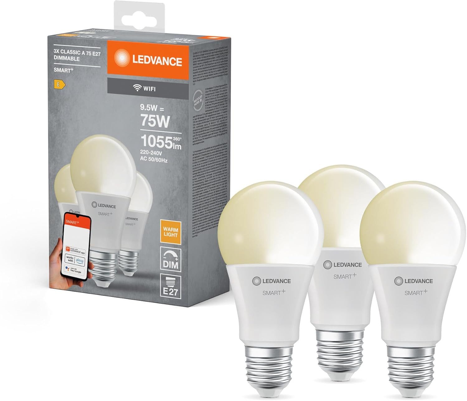 Ledvance LED-Leuchtmittel Smart+ E27 LED WiFi Lampe 9,5W Glühbirne warmweiß dimmbar [3er], E27, Warmweiß, Dimmbar, Energiesparend, Mattiert