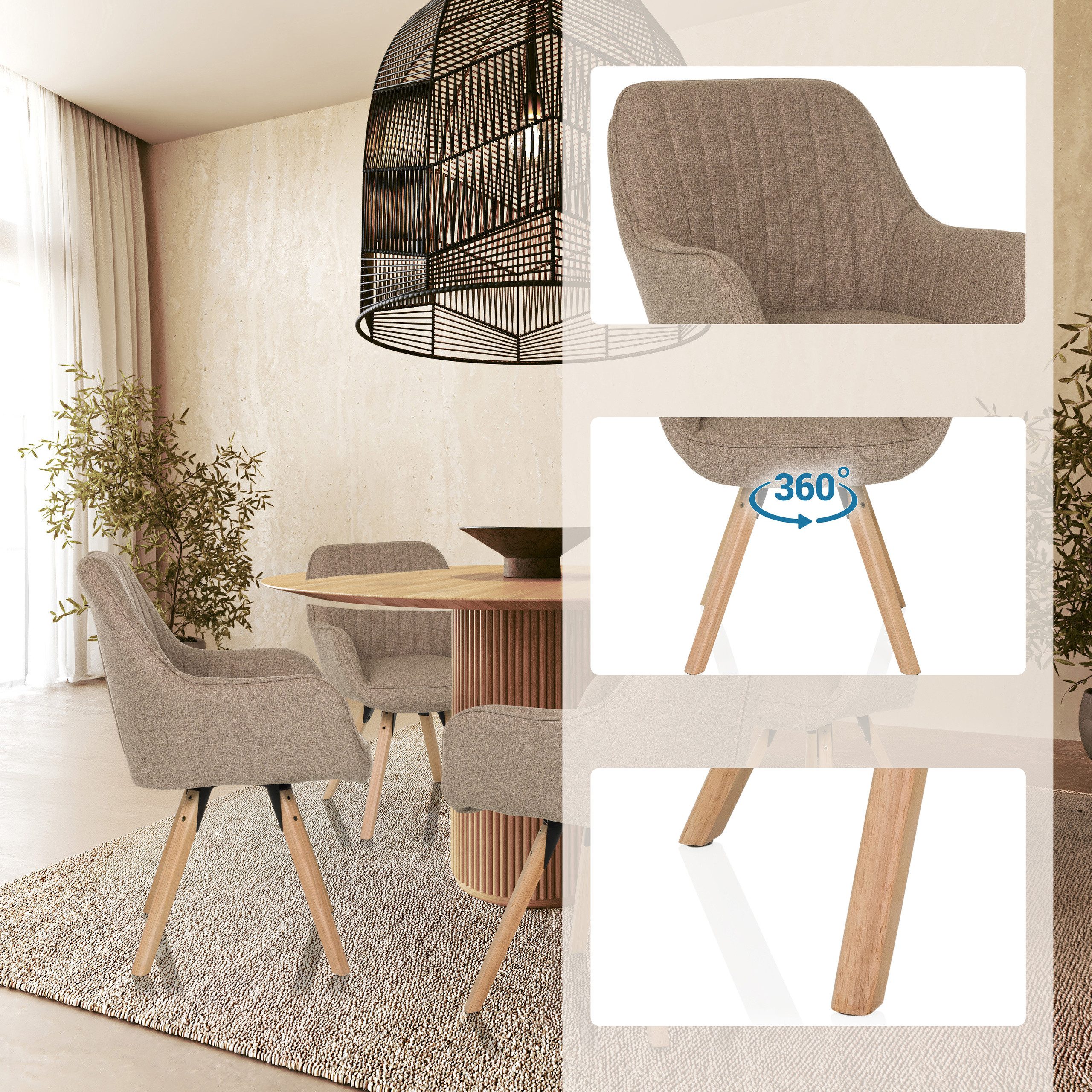 hjh LIVING Esszimmerstuhl SCANDI SOFT Stuhl gepolstert Stoff mit Armlehnen 1 (1 St), Stuhl im Scandi-Look, Sitz drehbar, bequem gepolstert, Holzfußkreuz