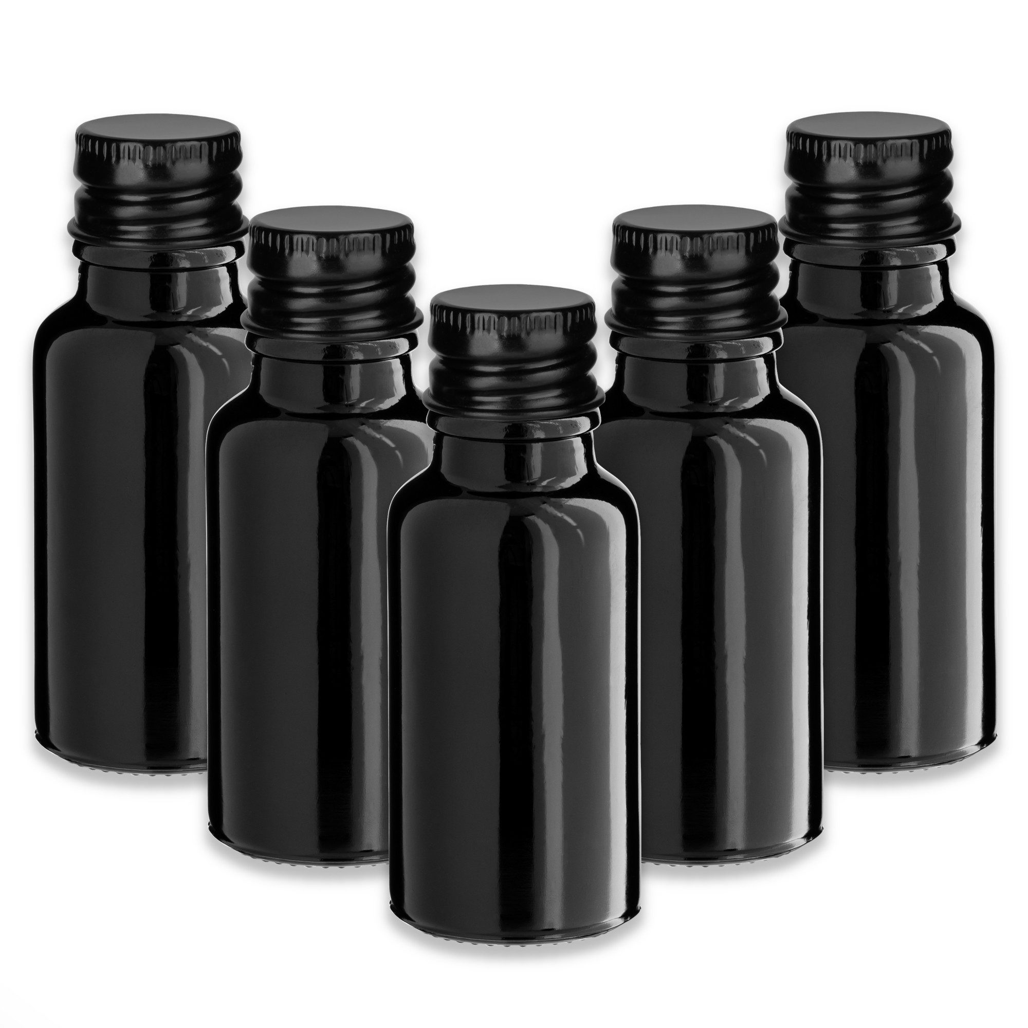CK Verpackung GmbH Leerglas 5x Schwarze Glasflasche 20 ml mit schwarzem Aluminiumschraubverschluss