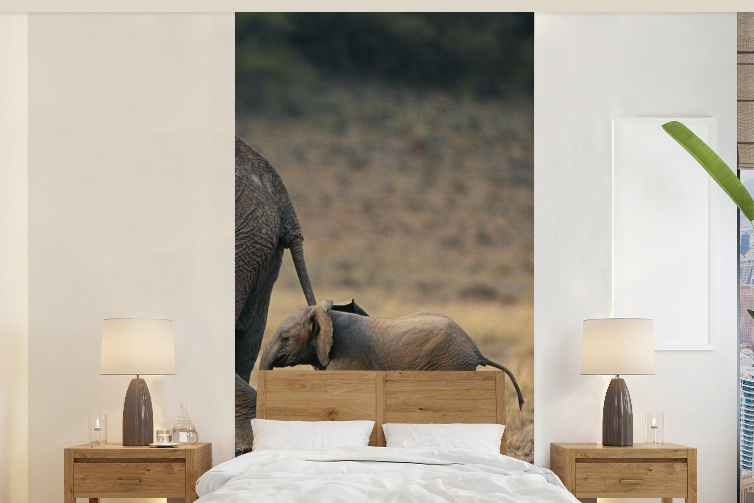 - Schlafzimmer Elefant Wohnzimmer (2 Fototapete MuchoWow Tiere für Vliestapete Fototapete bedruckt, St), Küche, - Matt, - Natur, Savanne