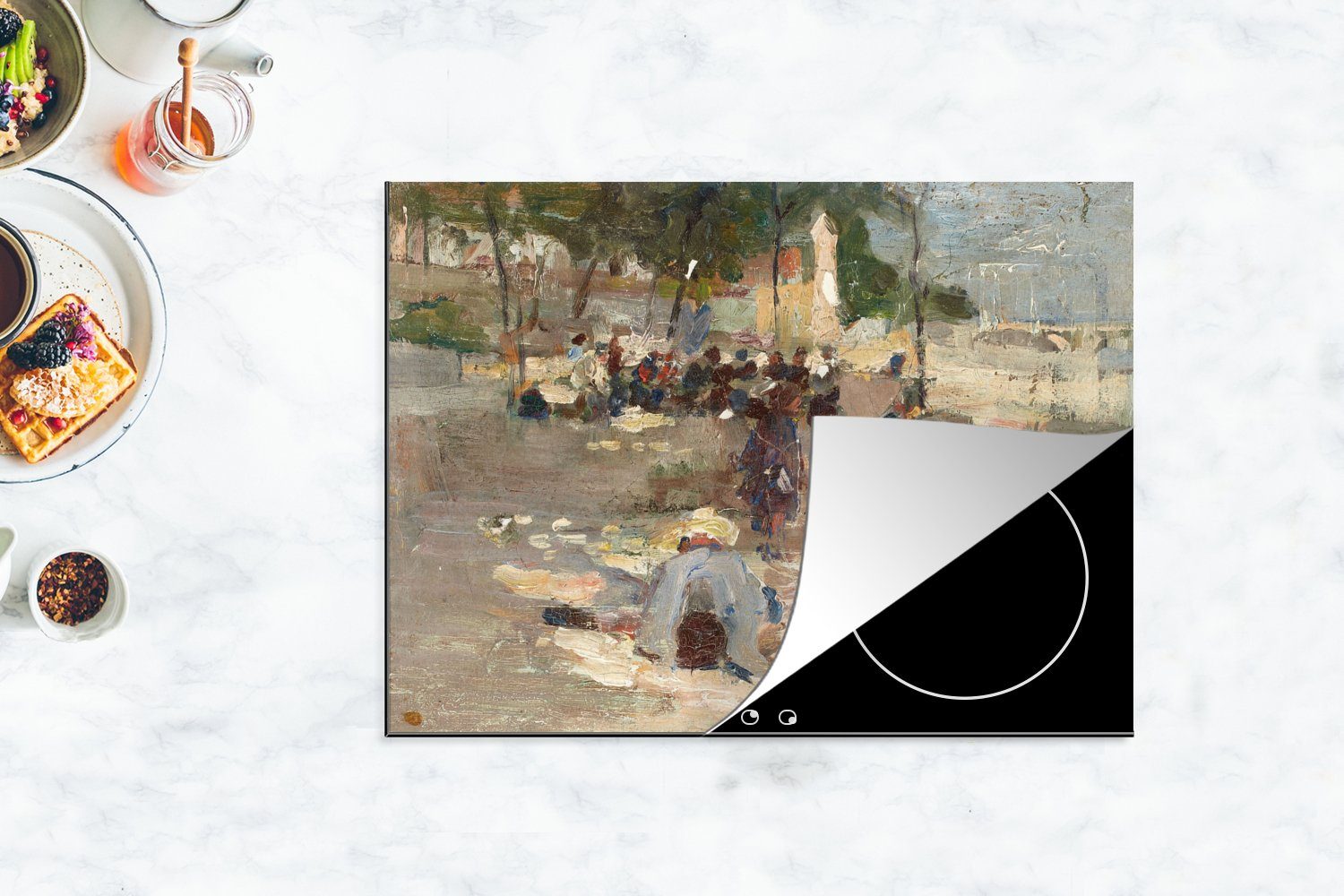 Picknick im Gemälde Mobile tlg), cm, MuchoWow - nutzbar, Park Vinyl, von 70x52 (1 Arbeitsfläche Ceranfeldabdeckung Herdblende-/Abdeckplatte Max Liebermann,