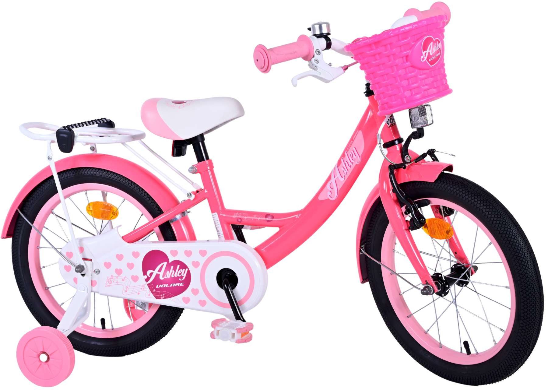Volare Kinderfahrrad Volare Ashley - Mädchen - 16 Zoll - Rosa/Rot, Geschlossener Kettenschutz, abnehmbare Stützräder