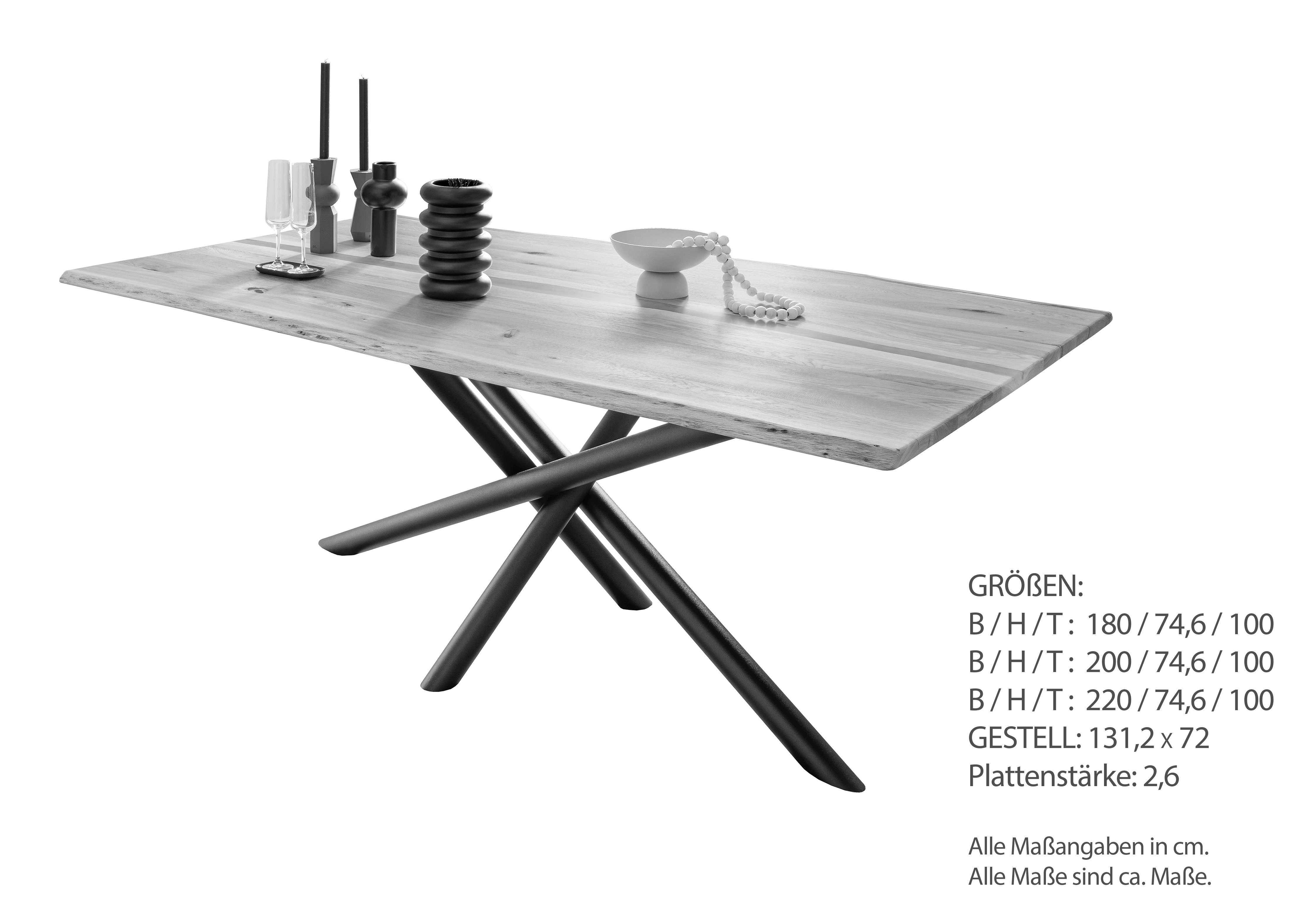 Woodroom Esstisch Gizeh (Spinnengestell 220 × 100 cm), Wildeiche massiv geölt, Baumkante mit Epoxidharz