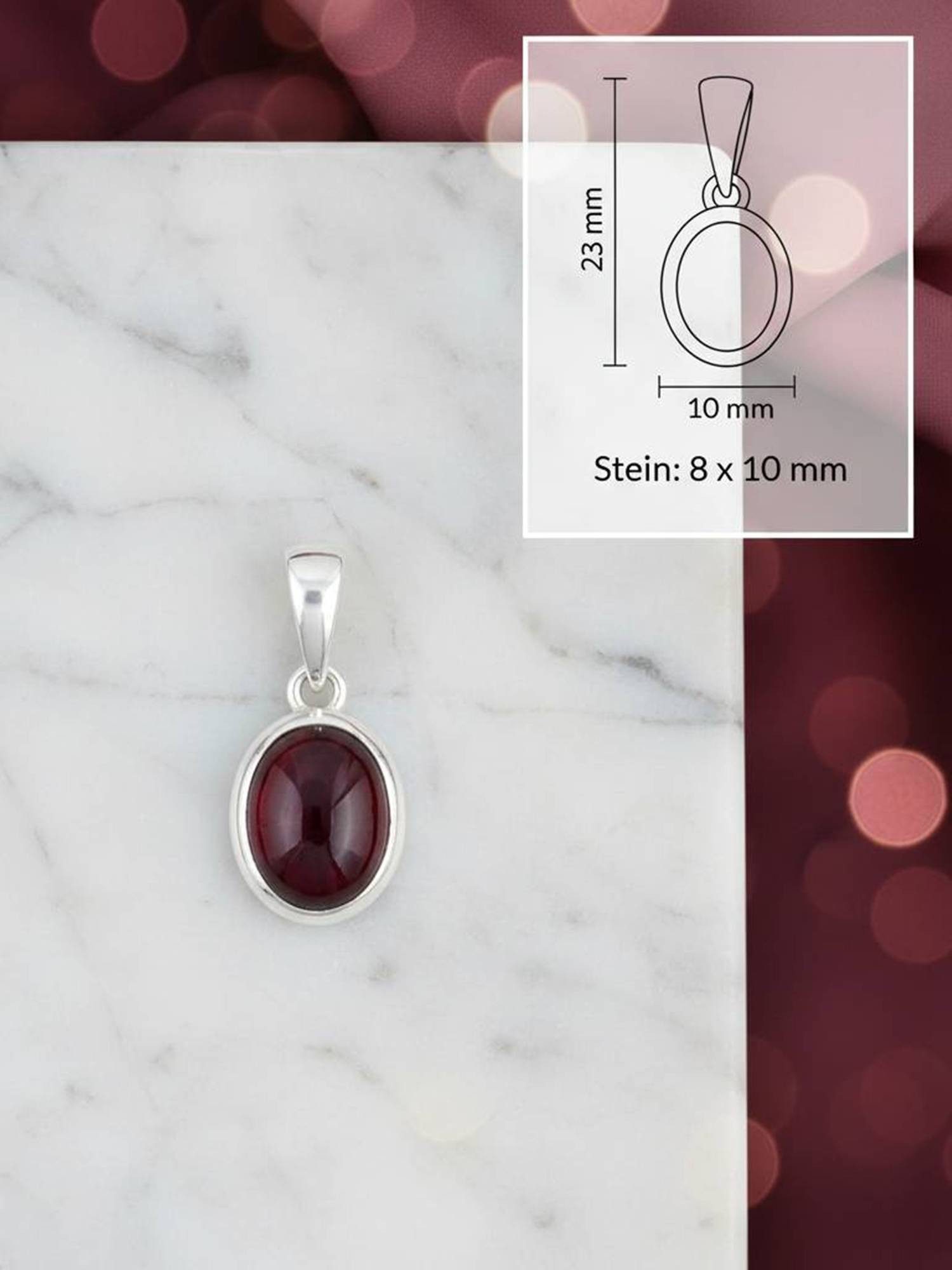 mantraroma Kette mit Anhänger SAMA oval aus 925 Silber mit Granat (Kettenanhänger uns Kette), 925 Sterling Silber Ketten mit Kettenanhänger für Damen