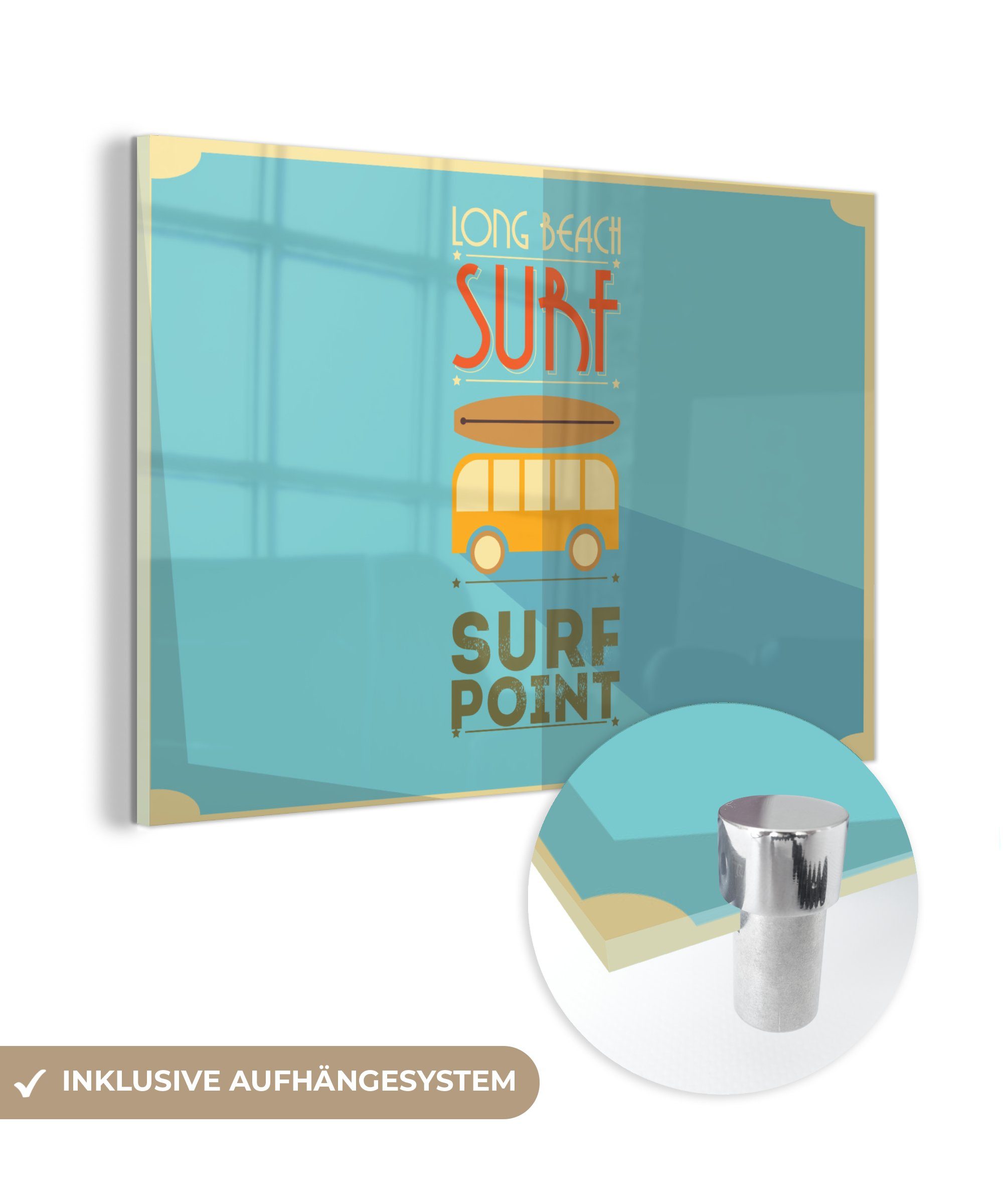 MuchoWow Acrylglasbild Illustration "Surf Point" mit blauem Hintergrund, (1 St), Acrylglasbilder Wohnzimmer & Schlafzimmer