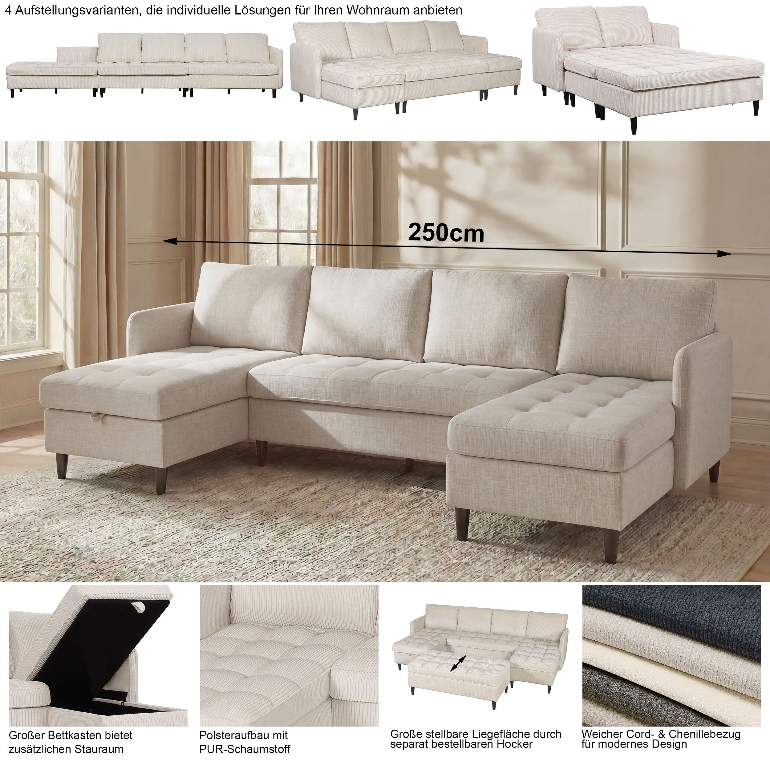 Dorel Home Wohnlandschaft LINDHUS, Cord, Modulsofa, verschiedene Stellvarianten, Breite als U-Form (254cm) mit Verbindern fixierbar, Recamiere,Stauraum