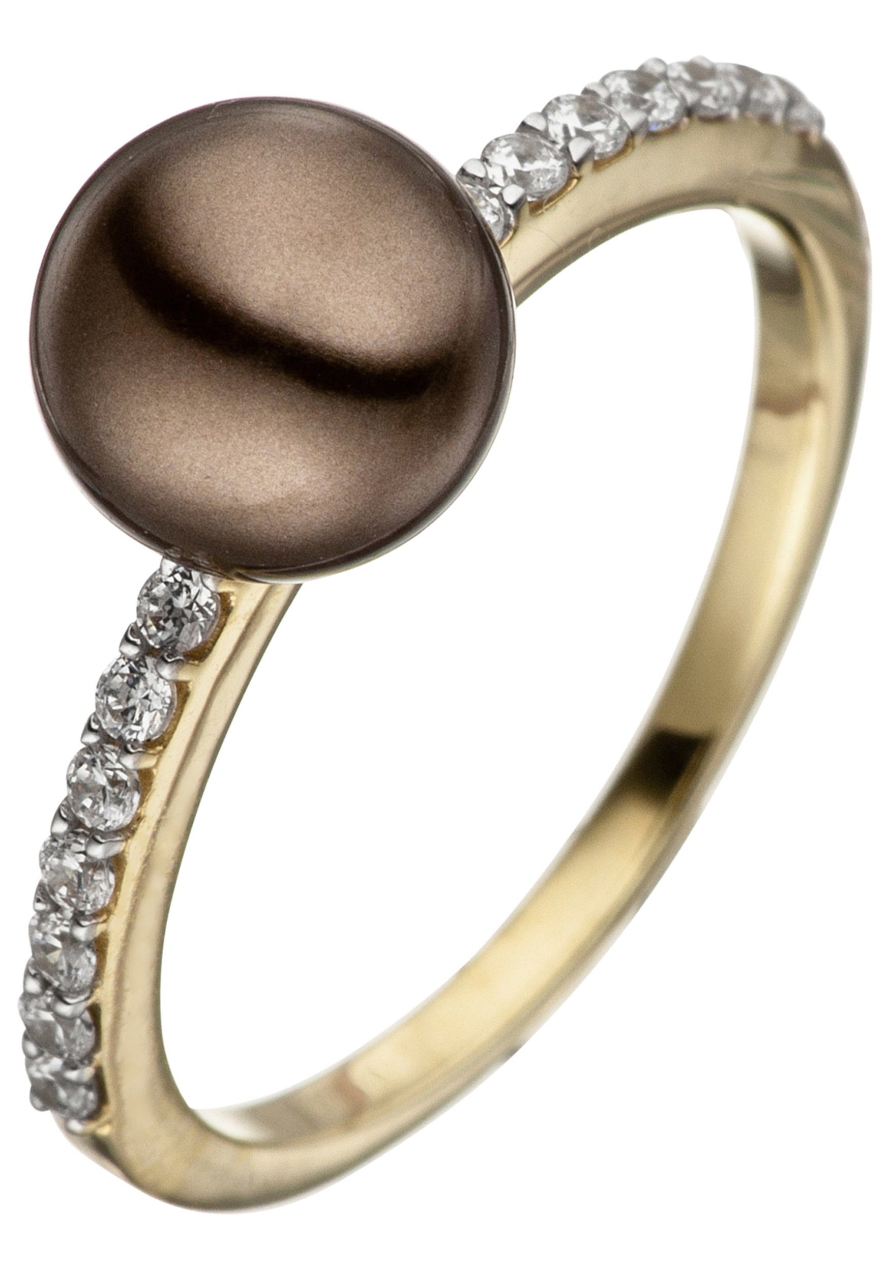 JOBO Perlenring, 333 Gold bicolor Synthetische Perle und 14 Zirkonia