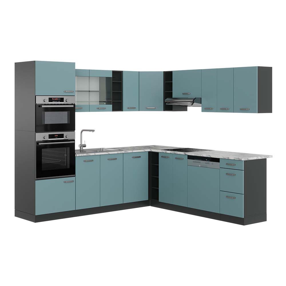Vicco Winkelküche R-Line, Blau-Grau/Anthrazit, 237 x 247 cm, AP Marmor