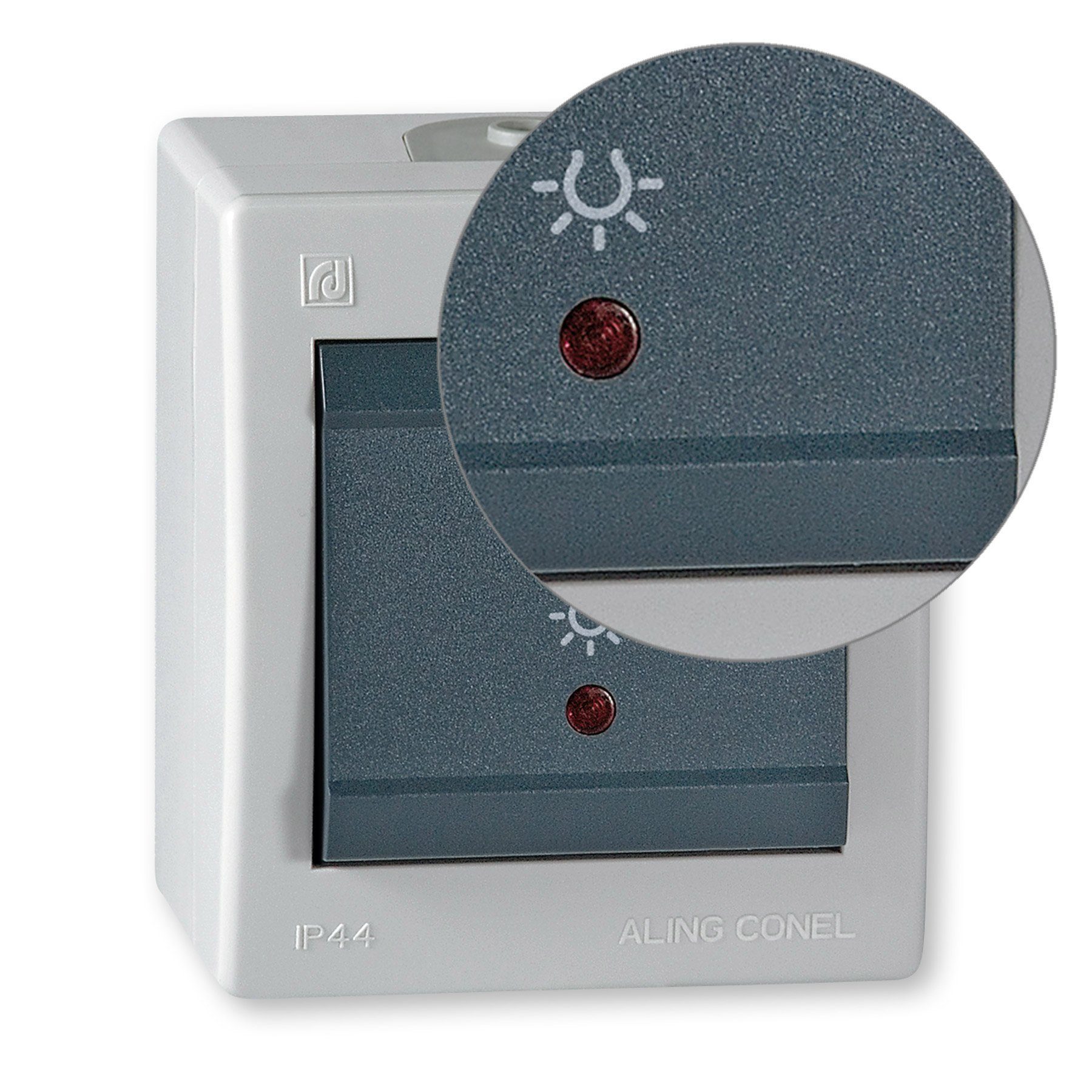 Aling Conel Lichtschalter Power Glimmlampe (Packung), Aufputz-Schalter 44 grau mit IP Line