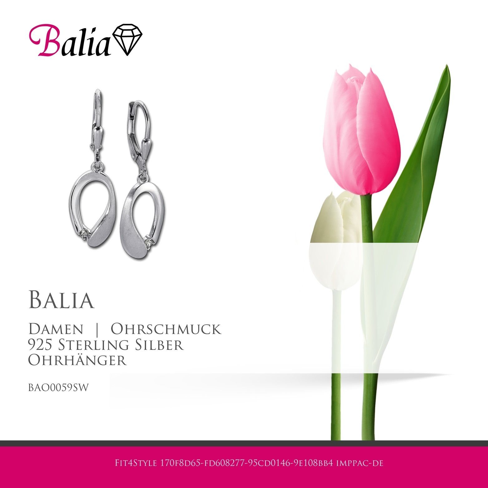 Balia Paar Ohrhänger Balia Damen Ohrringe Länge aus - poliert ca. Ohrhänger 925 (Ohrhänger), Träne matt Silber, Sterling 3,5cm Damen