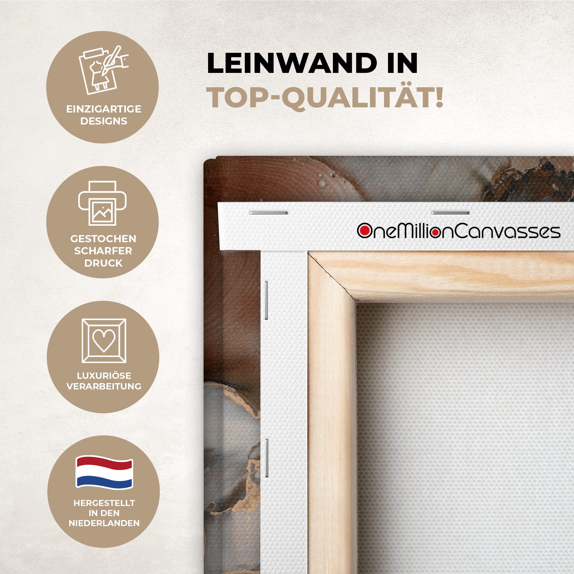 OneMillionCanvasses® Leinwandbild Grau - Gold - Marmor - Marmoroptik, Fotodruck (1 St), Wandbild, Deko Schlafzimmer Wohnzimmer Flur 20x20 cm