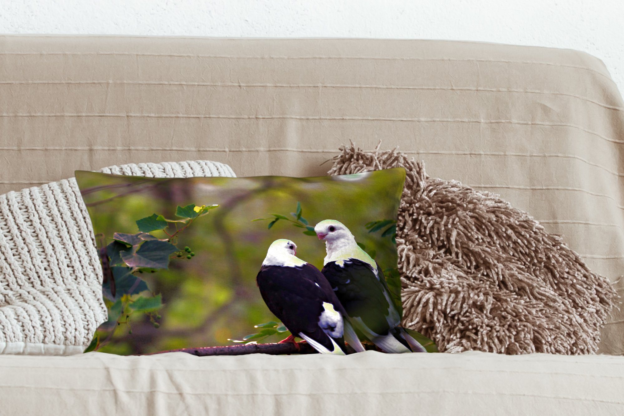 Vögel Zierkissen, Dekokissen Zweig - mit Füllung, - Schlafzimmer Blätter, Dekoration, Wohzimmer MuchoWow Dekokissen