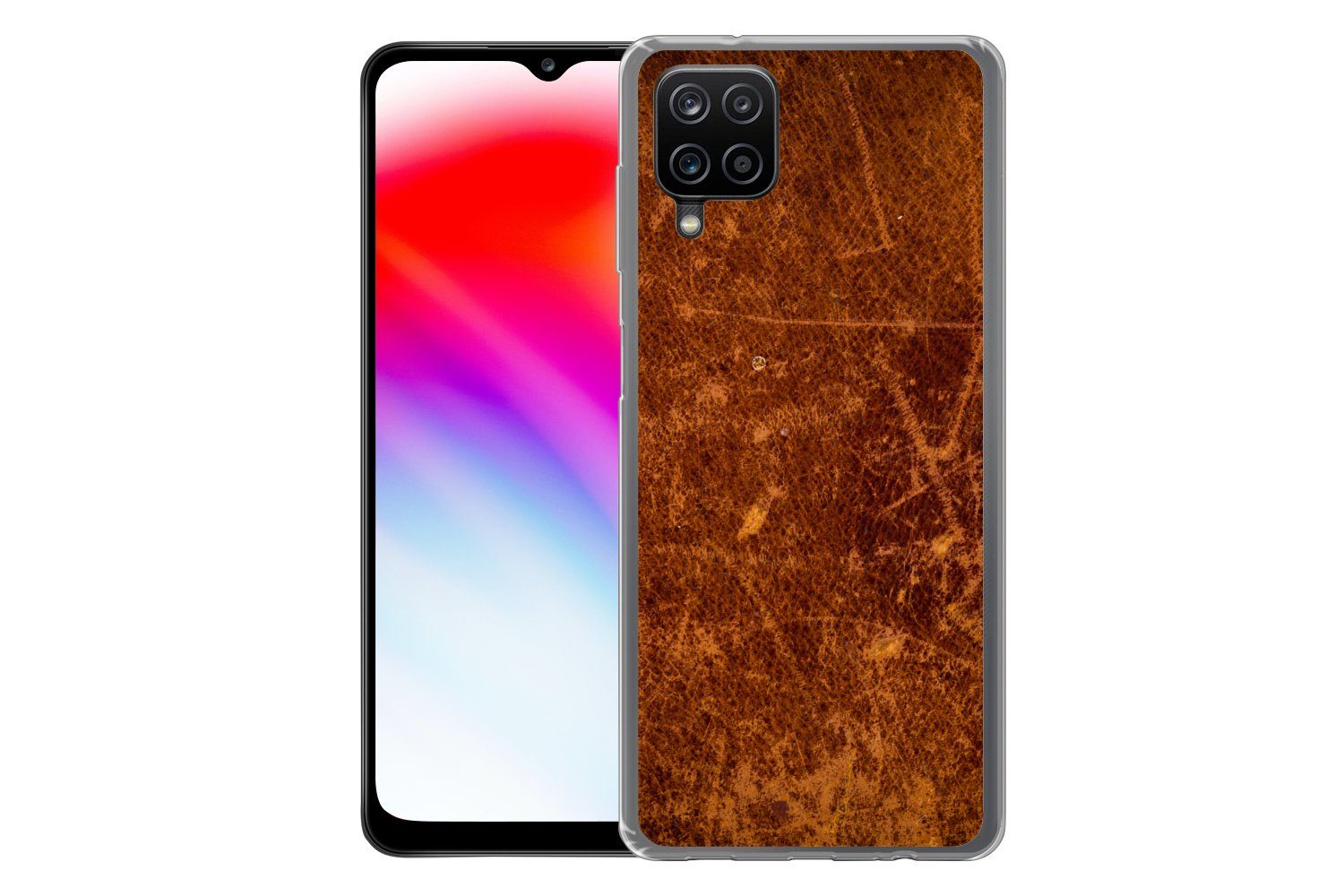 MuchoWow Handyhülle für Samsung Galaxy A12 Leder - Lederoptik - Braun - Orange, Smartphone-Bumper, Print, Handy Schutzhülle Dünn
