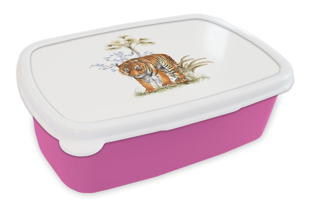 MuchoWow Lunchbox Tiger - Pflanze - Weiß, Kunststoff, (2-tlg), Brotbox für Erwachsene, Brotdose Kinder, Snackbox, Mädchen, Kunststoff rosa