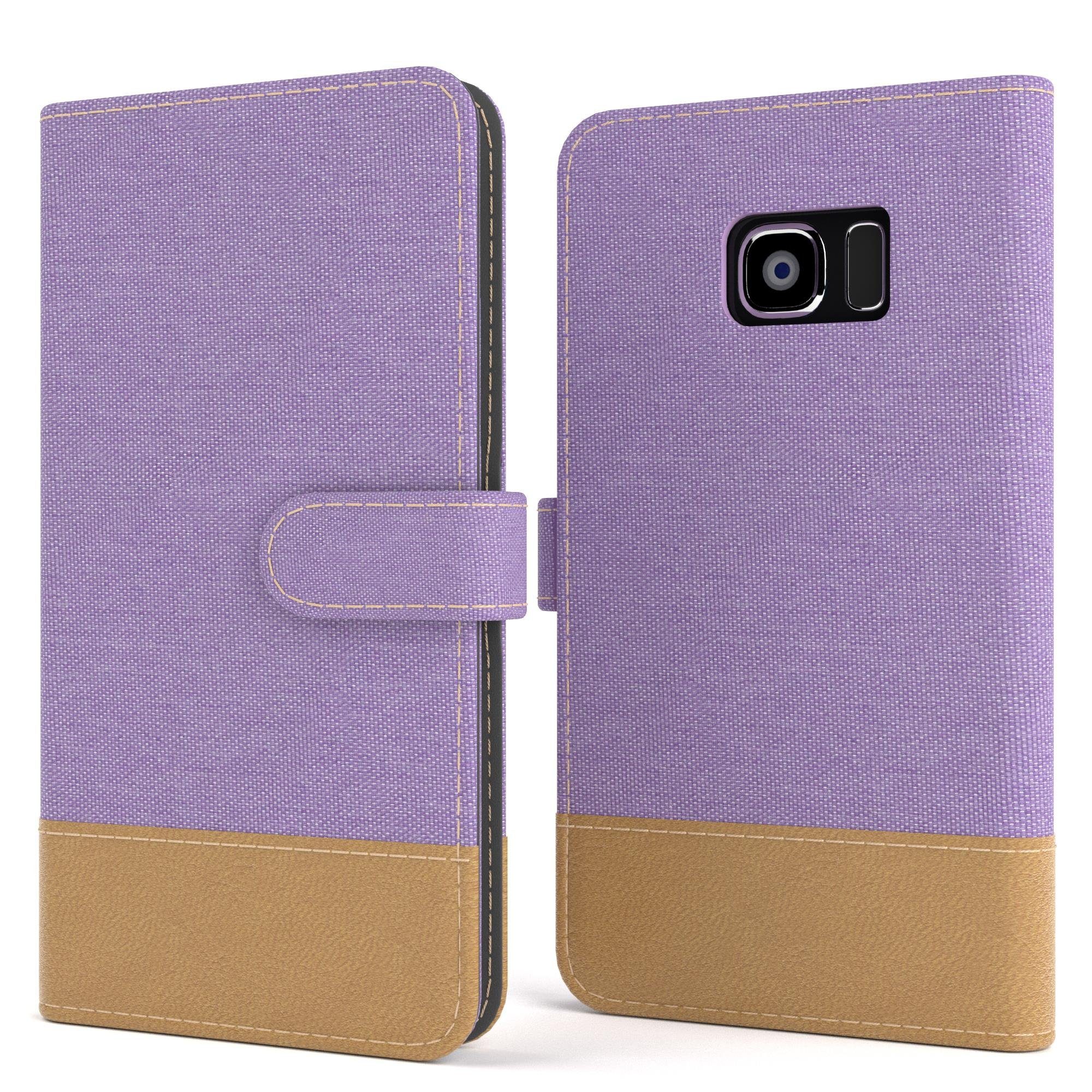 EAZY CASE Handyhülle Bookstyle Jeans für Samsung Galaxy S7 5,1 Zoll, Bookstyle Klapphülle mit Visitenkartenfach aus Kunstleder Lila Violett