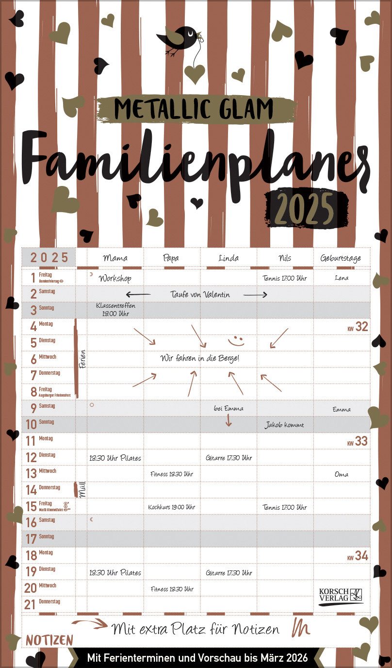 Korsch Verlag Familienkalender Korsch Kalender Timer Familienplaner Metallic Glam 2025