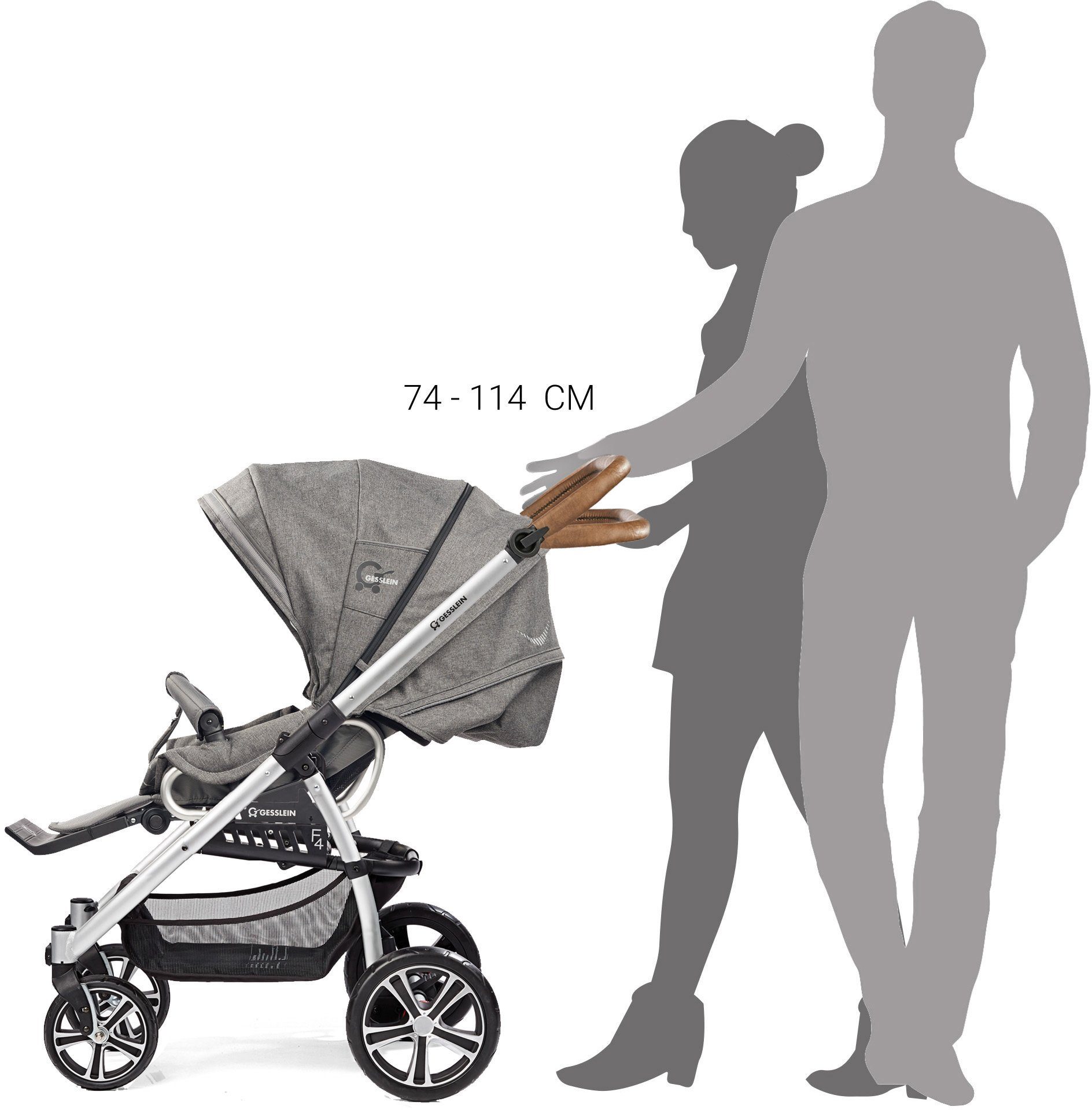 Gesslein Kombi-Kinderwagen F4 Air+, & Deutschland meliert, meliert/Stern grau Handarbeit Tragetasche schwarz/tabak, Compact; aus C2 mit grau Design