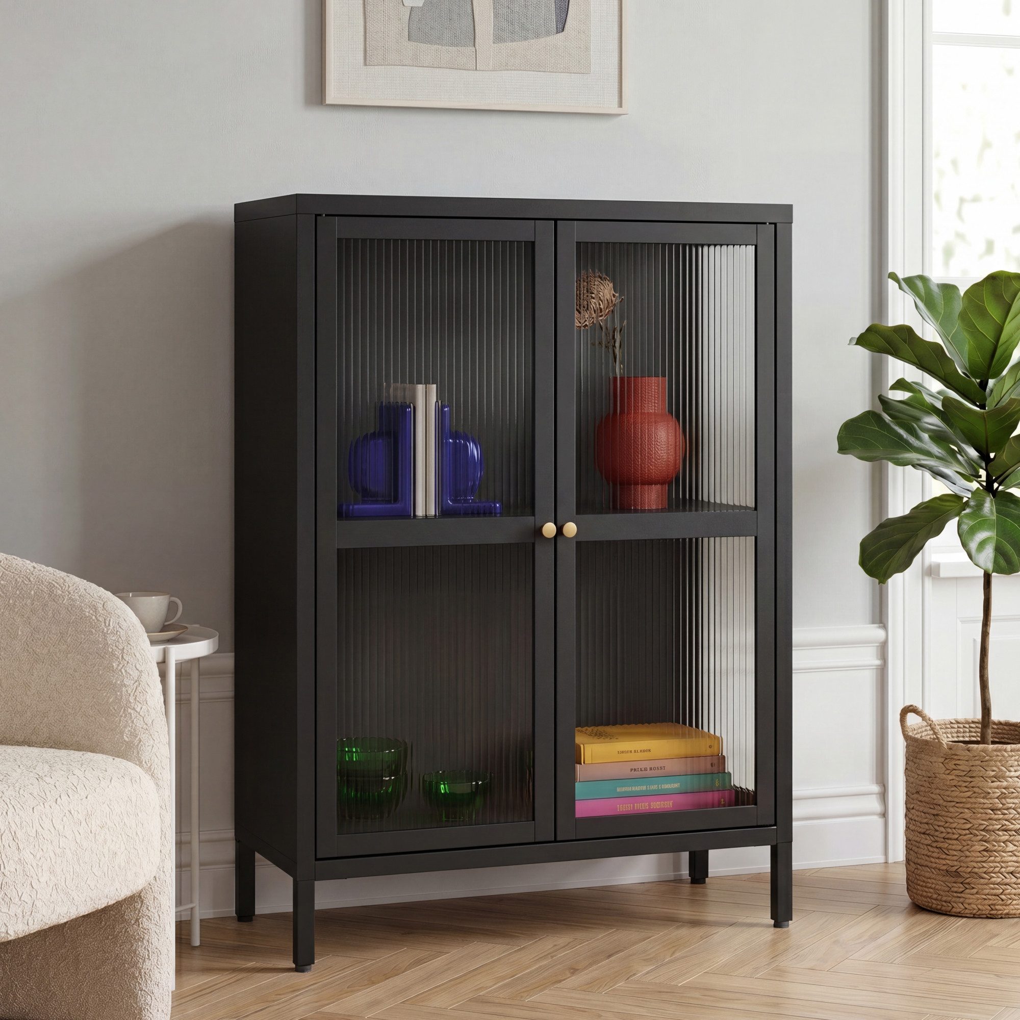 en.casa Sideboard, »Säkylä« Stahl mit 2 Glastüren geriffelt 84x64x35 cm Schwarz