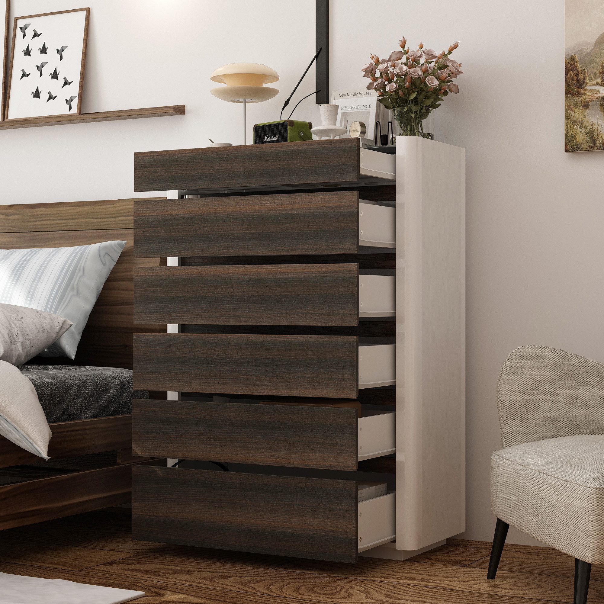 FUFU&GAGA Schmuckschrank Kommode Weiß + Braun, Massivholz + Hartglas
