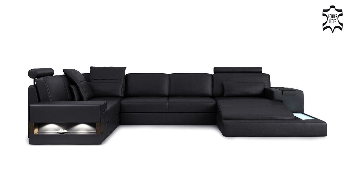 Polster Sofa mit Ecksofa Made Wohnlandschaft USB Ledersofa, Ecksofa Couch in Form JVmoebel Schwarz U Europe