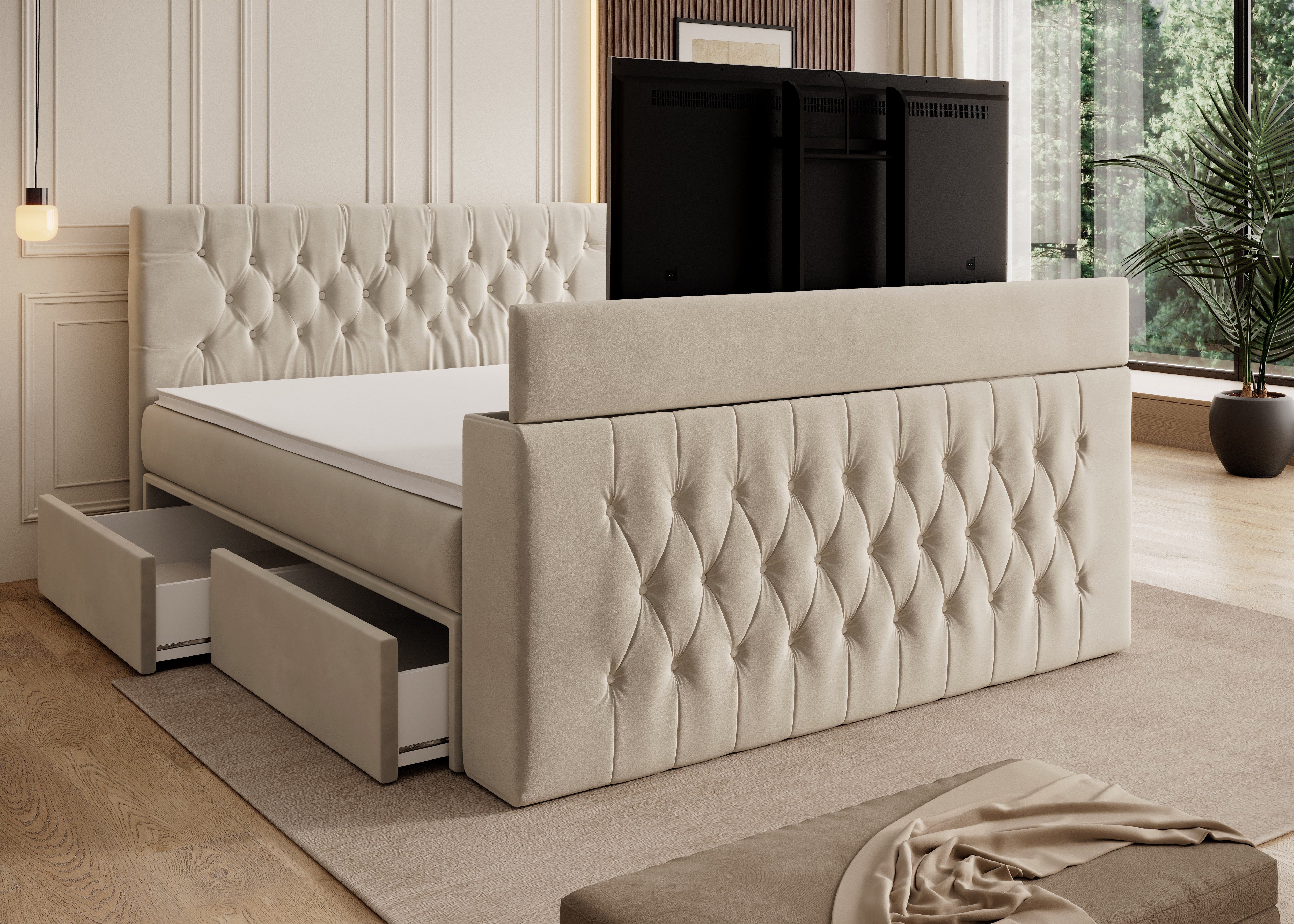 PROMETO Möbel Boxspringbett CHESTER mit TV-Lift und Schubladen, 7-Zonen-Matratze, 180x200 cm