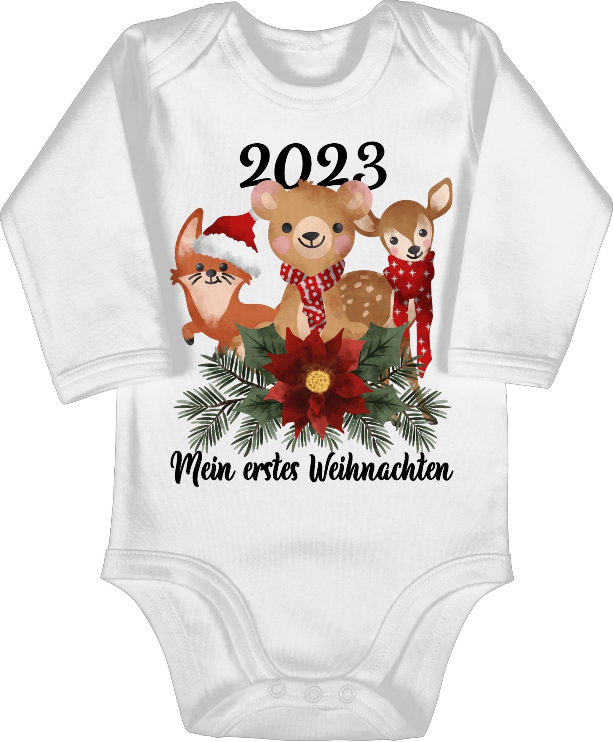 Shirtracer Shirtbody »2023 Mein erstes Weihnachten mit süßen Tieren -  schwarz - Weihnachten Kleidung Baby - Bio Baby Strampler langarm«  langarmbody baby weiß - babybody weiss - erstes weihnachten outfit