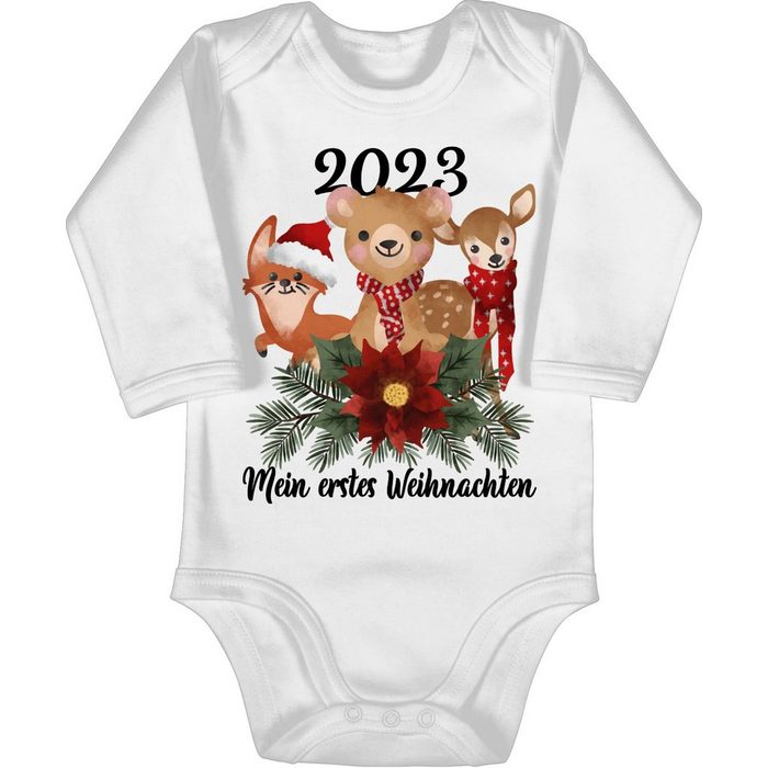 Shirtracer Shirtbody 2023 Mein erstes Weihnachten mit süßen Tieren - schwarz - Weihnachten Kleidung Baby - Bio Baby Strampler langarm langarmbody baby weiß - babybody weiss - erstes weihnachten outfit