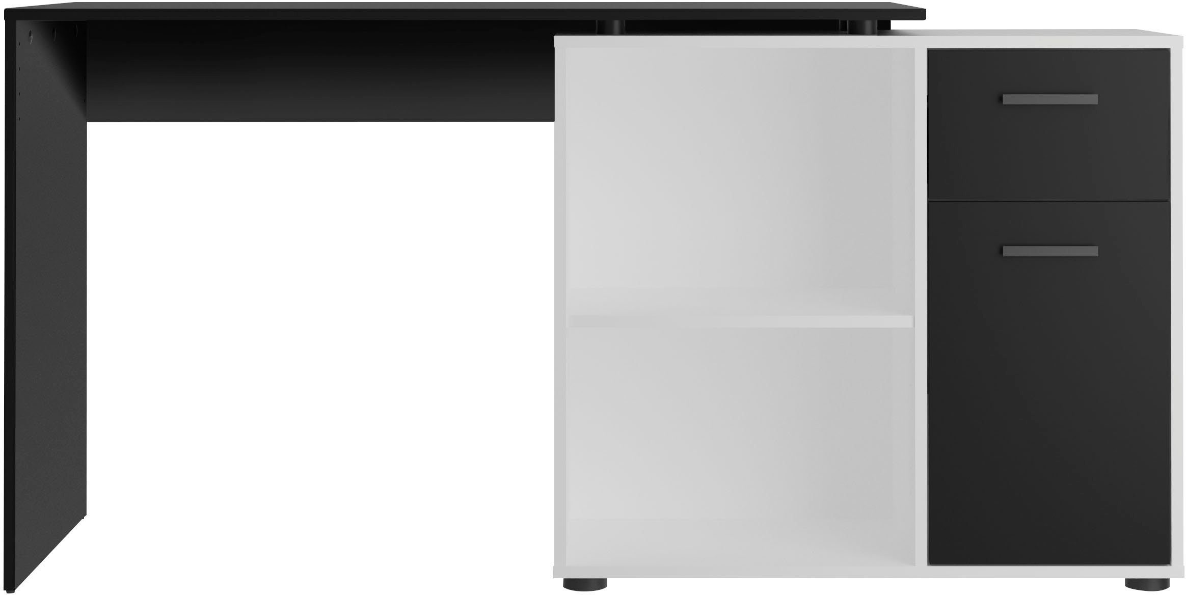 FMD Eckschreibtisch AUGSBURG, Schreibtisch / Sideboard mit Stauraum, drehbar, Breite 117/148 cm schwarz-weiß Perl