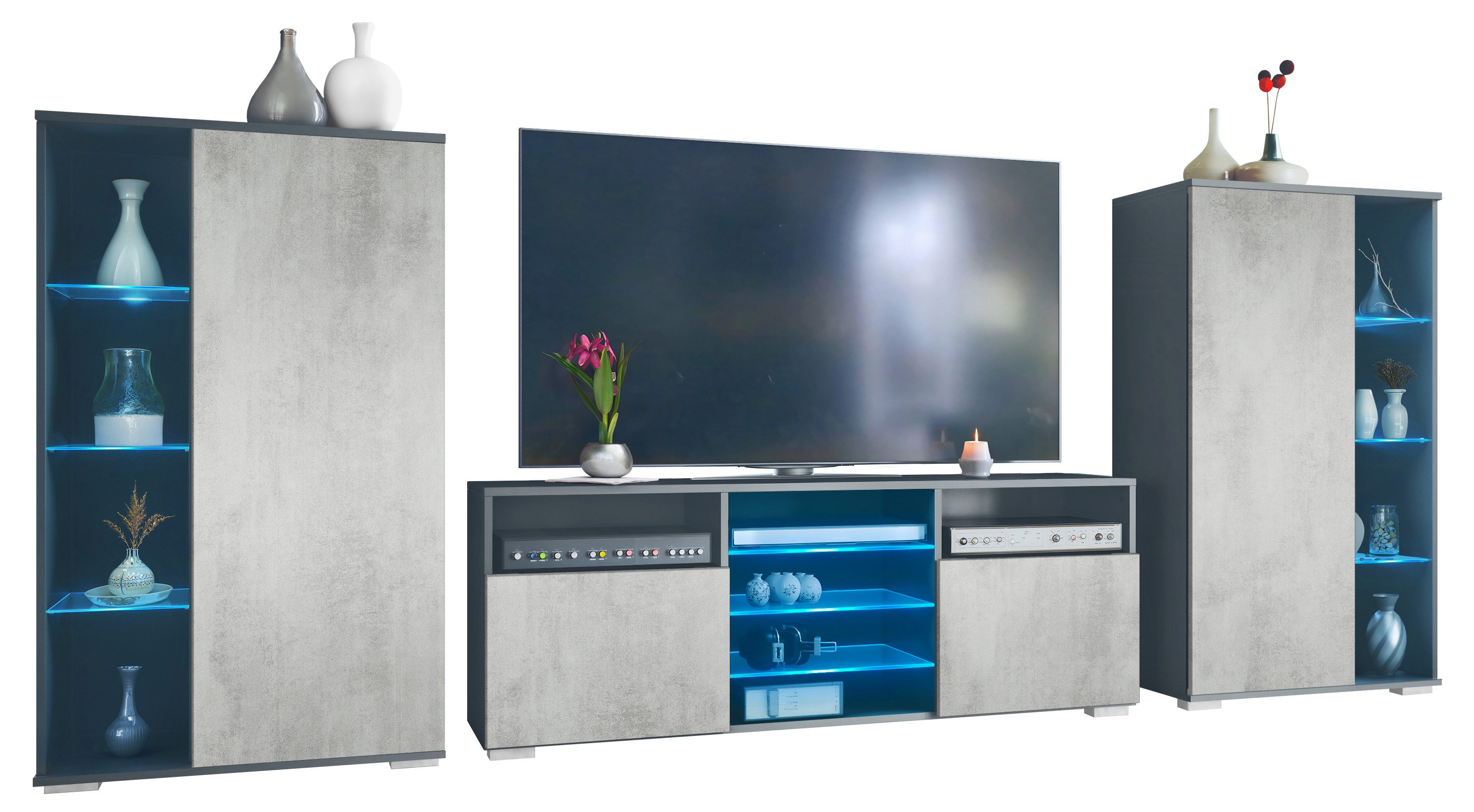 Vladon Wohnwand Davos, (Anbauwand, bestehend aus 2 Vitrinen, 1 TV-Board und LED-Beleuchtung), Anthrazit matt/Beton Oxid Optik (329 x 134 x 35 cm)