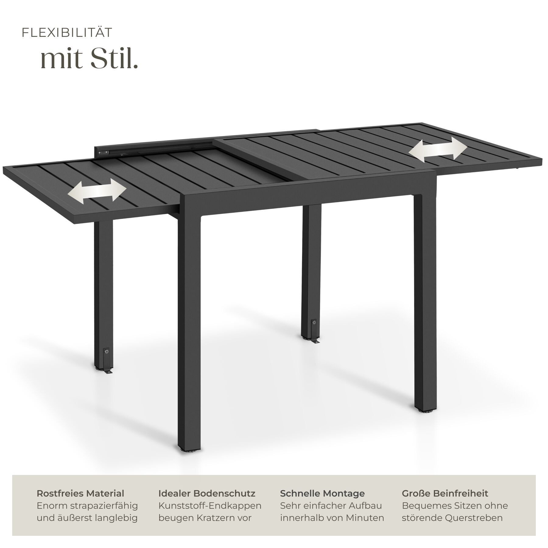tectake Gartentisch Balkontisch für 4–6 Personen aus Aluminium, 70–140 x 70 x 75 cm (ausziehbarer Tisch Campos, 1-St., in dunkelgrau), ausziehbar, wetterfest un – Bild 3 von 5