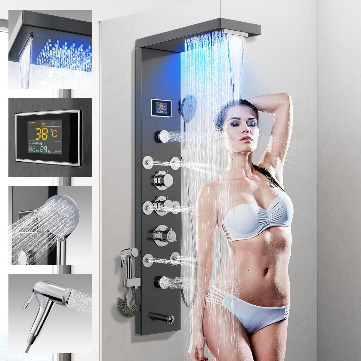 MULISOFT Brausegarnitur 6 in 1 Duschsäule Massagedusche, Regendusche,Handbrause Wanneneinlauf, 6 Strahlart(en), Duschpaneel Edelstahl mit Thermostat für Badezimmer Dusche