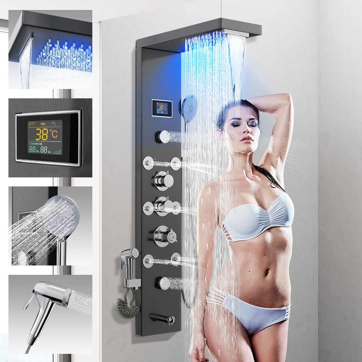 MULISOFT Brausegarnitur 6 in 1 Duschsäule Massagedusche, Regendusche,Handbrause Wanneneinlauf, 6 Strahlart(en), Duschpaneel Edelstahl mit Thermostat für Badezimmer Dusche | Brausegarnituren