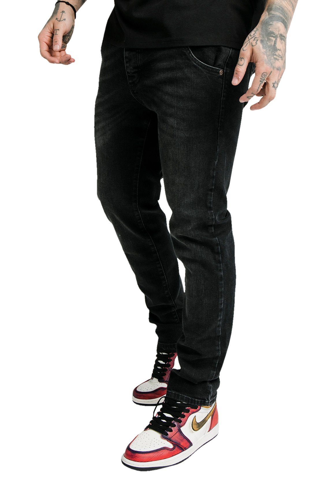 Jeans Herren Straight-Jeans Black RECYCLED SikSilk DENIM STRAIGHT SS-18037 Siksilk CUT