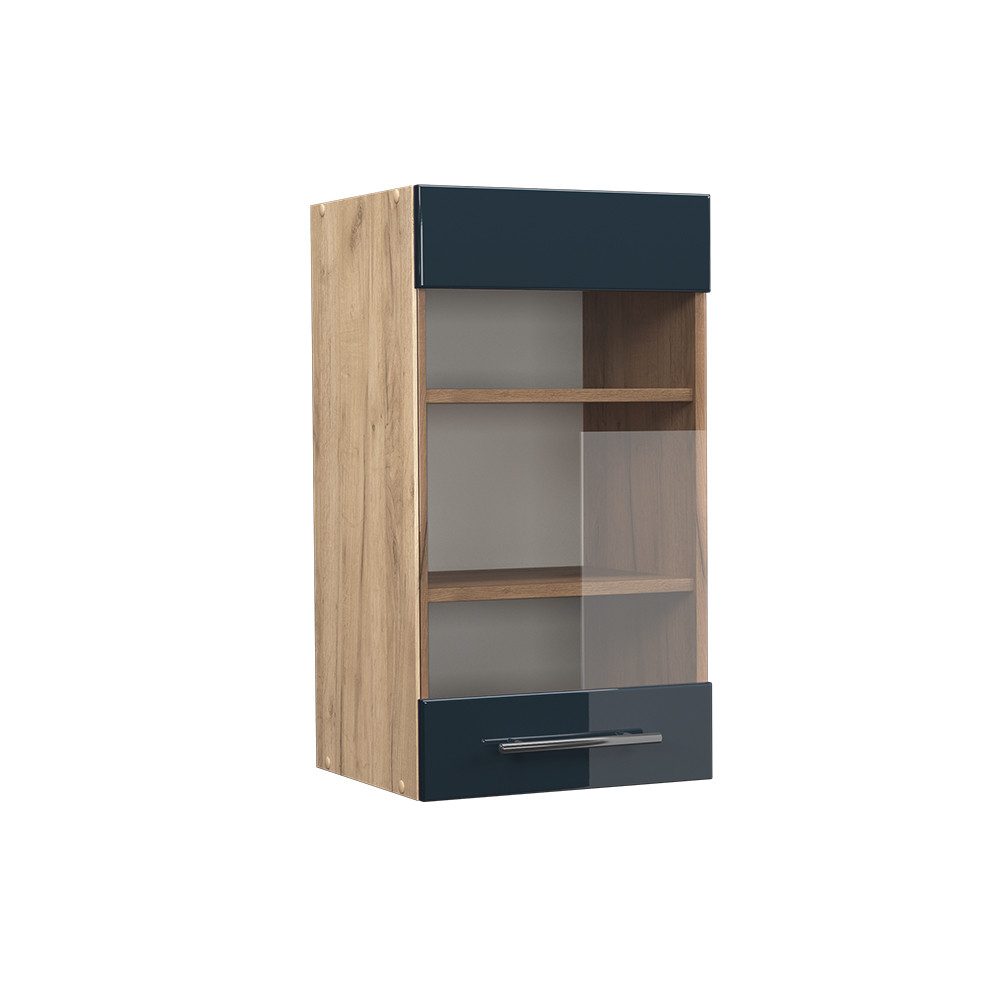 Vicco Glashängeschrank Fame-Line, Dunkelblau Hochglanz/Goldkraft Eiche, 40 cm