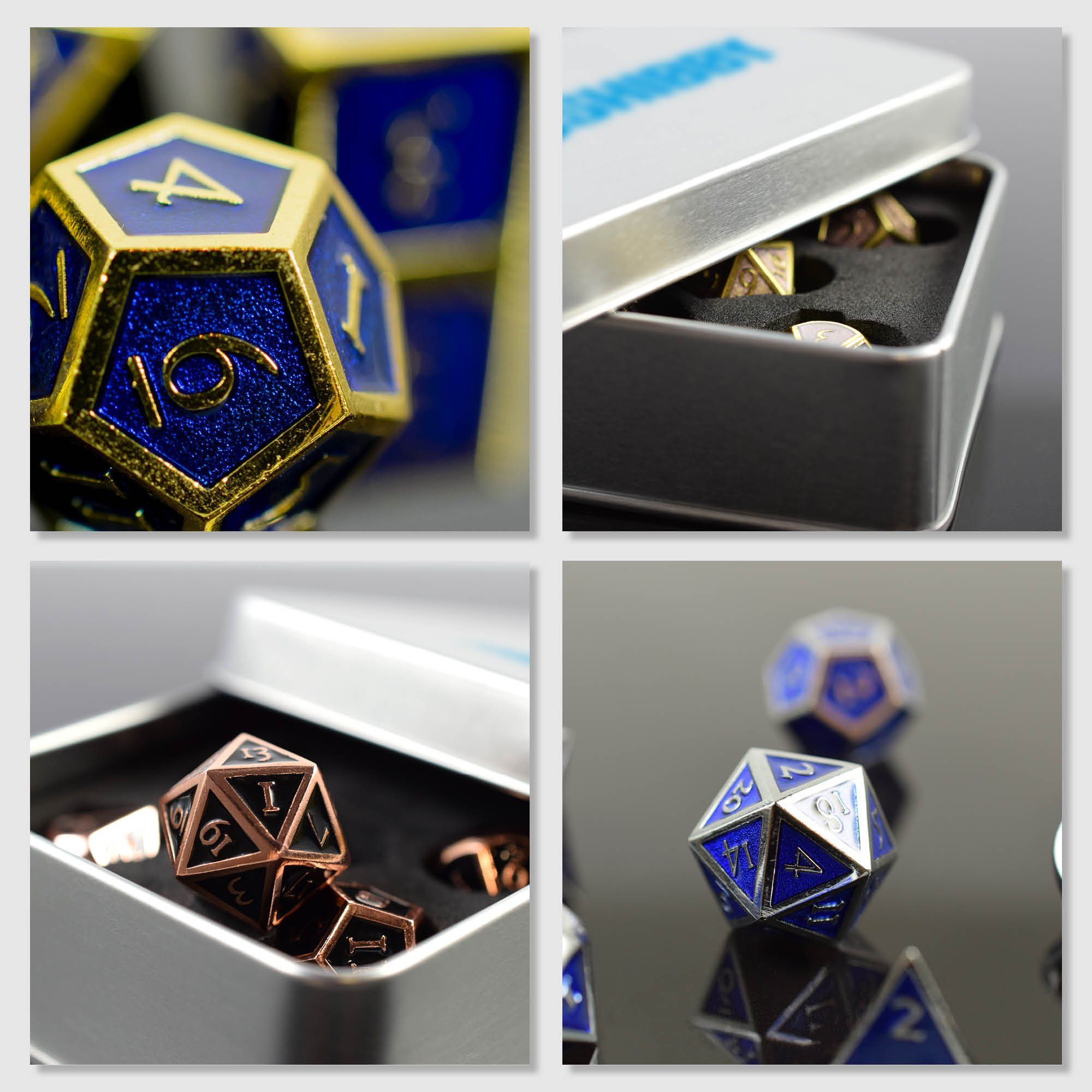 inkl. polyedrische Steampunk SHIBBY Gold/Blau Optik, Spielesammlung, 7 in Metall-DND-Würfel Aufbewahrungsbox