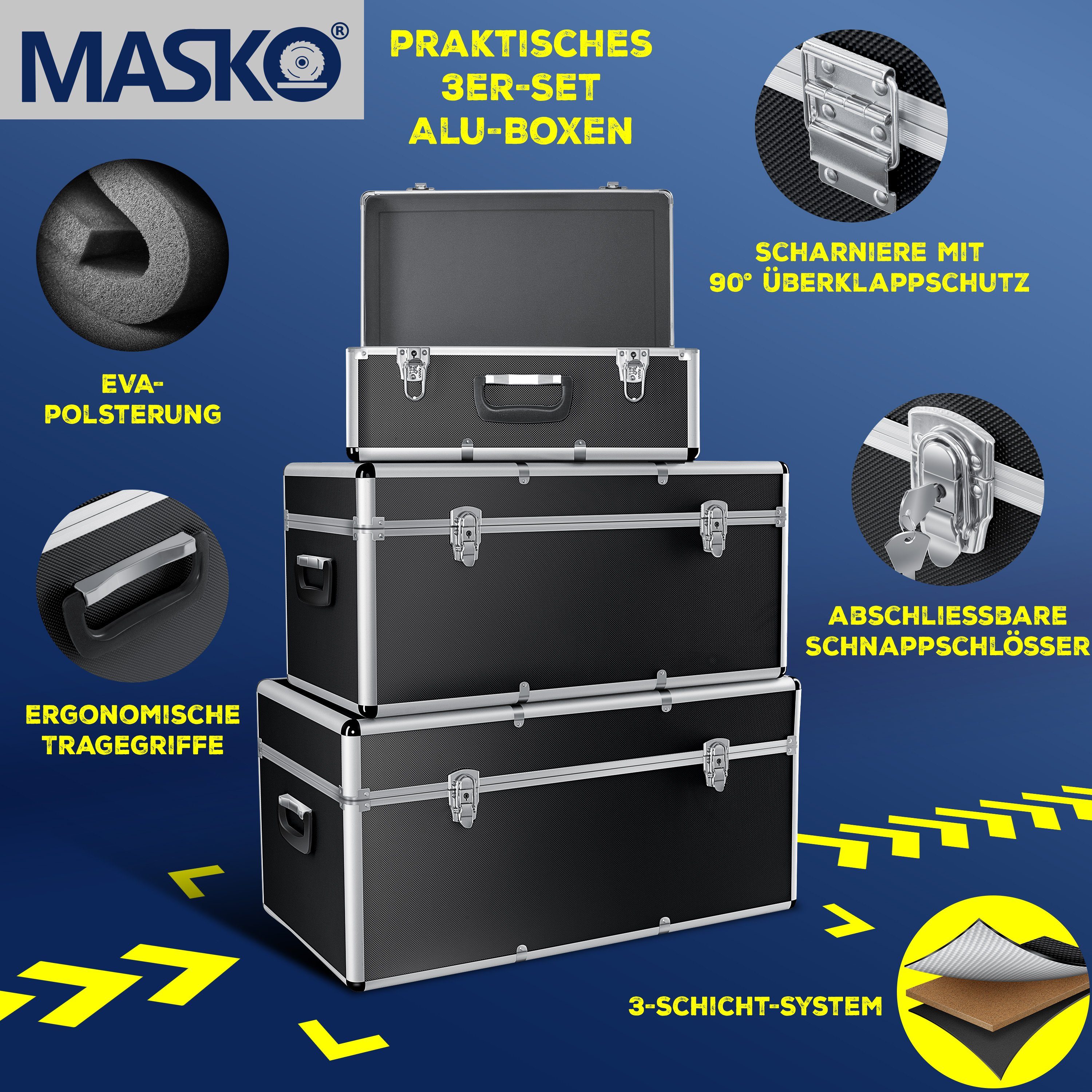 MASKO Stapelbox, 3er SET Alu Boxen Alubox Alukiste Transportbox Werkzeugkiste
