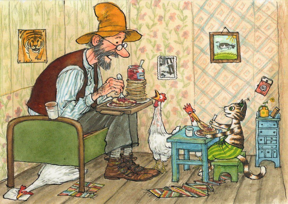 Postkarte "Pettersson und Findus: Pettersson und Findus essen Pfannkuchen"