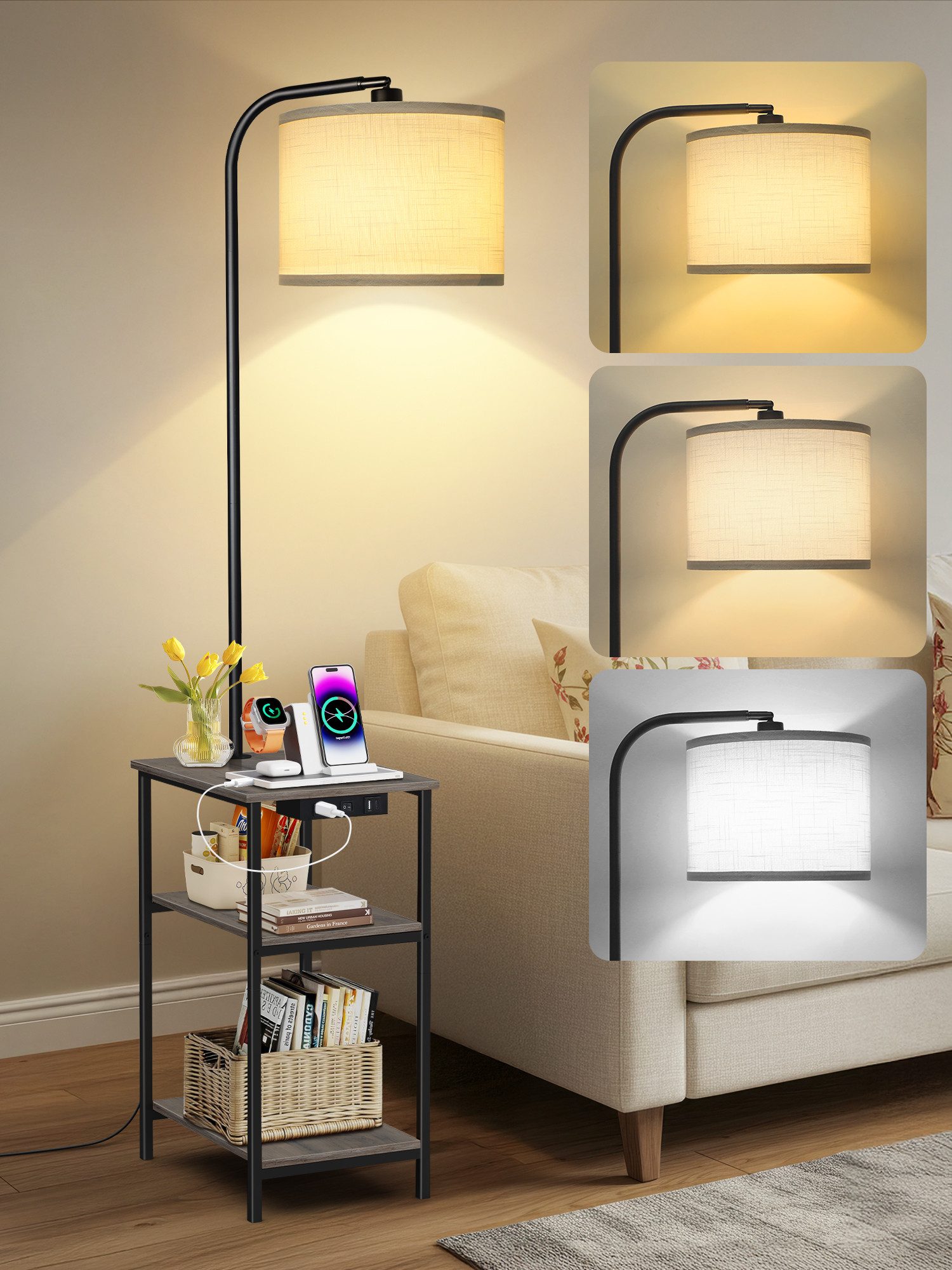 OUTON Stehlampe LED-Tisch mit 2 Stoffschubladen/3 Ablagen & USB