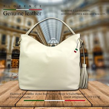 FLORENCE Schultertasche Florence Echtleder Hobo Bag Damen beige (Schultertasche), Damen Leder Schultertasche, Shopper, beige, weiß ca. 45cm