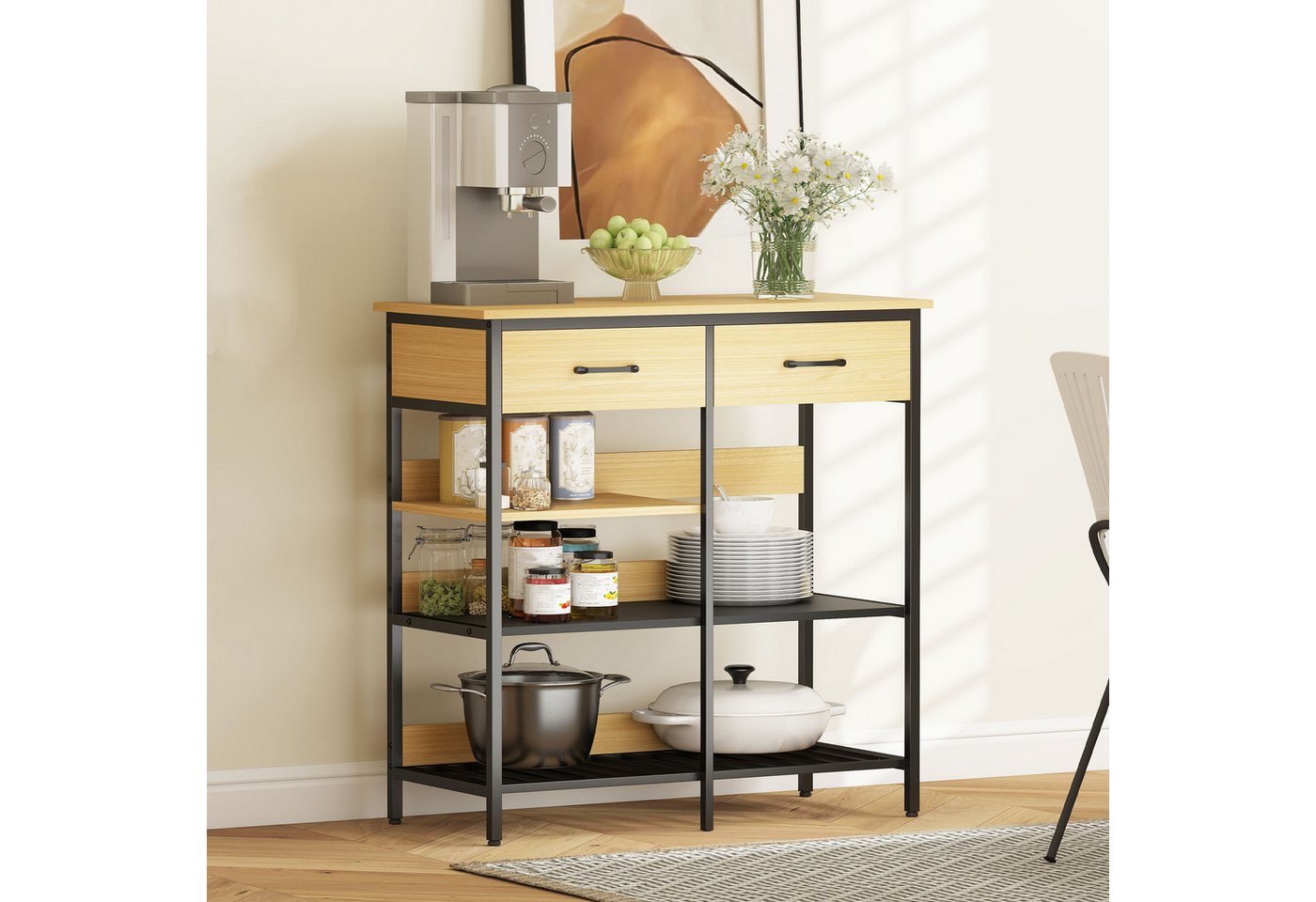 HOMCOM Sideboard Buffetschrank Aufbewahrungsschrank 2 Schubladen 3 offenen Regalen (Kommode, 1 St., Küchenschrank), für Küche, Wohnzimmer, Esszimmer, 90x40x91 cm, Naturholz