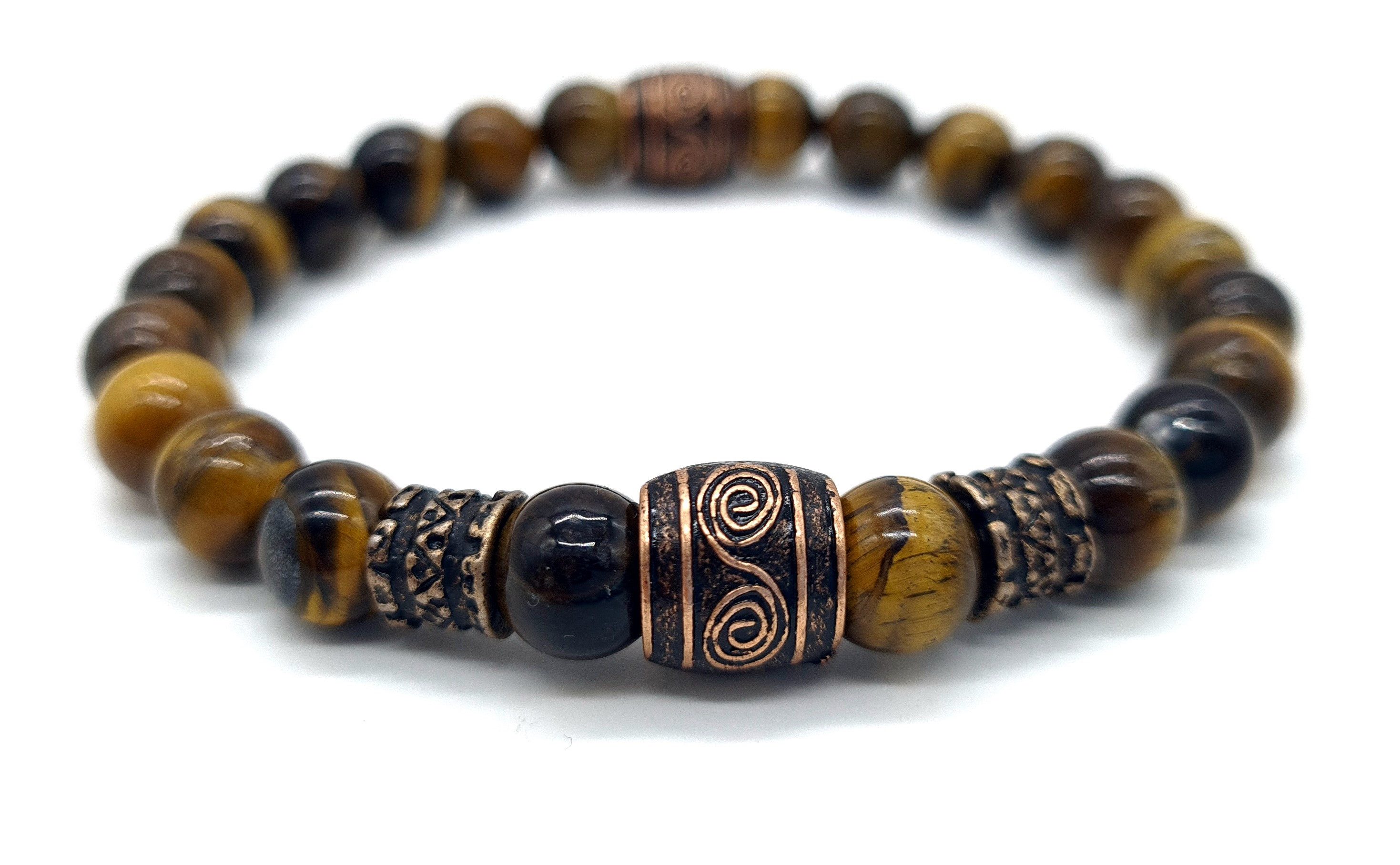 NAHLE Perlenarmband Naturstein Tigerauge Wikinger Armband Vintage (inkl. Geschenkbox), elastisches Band