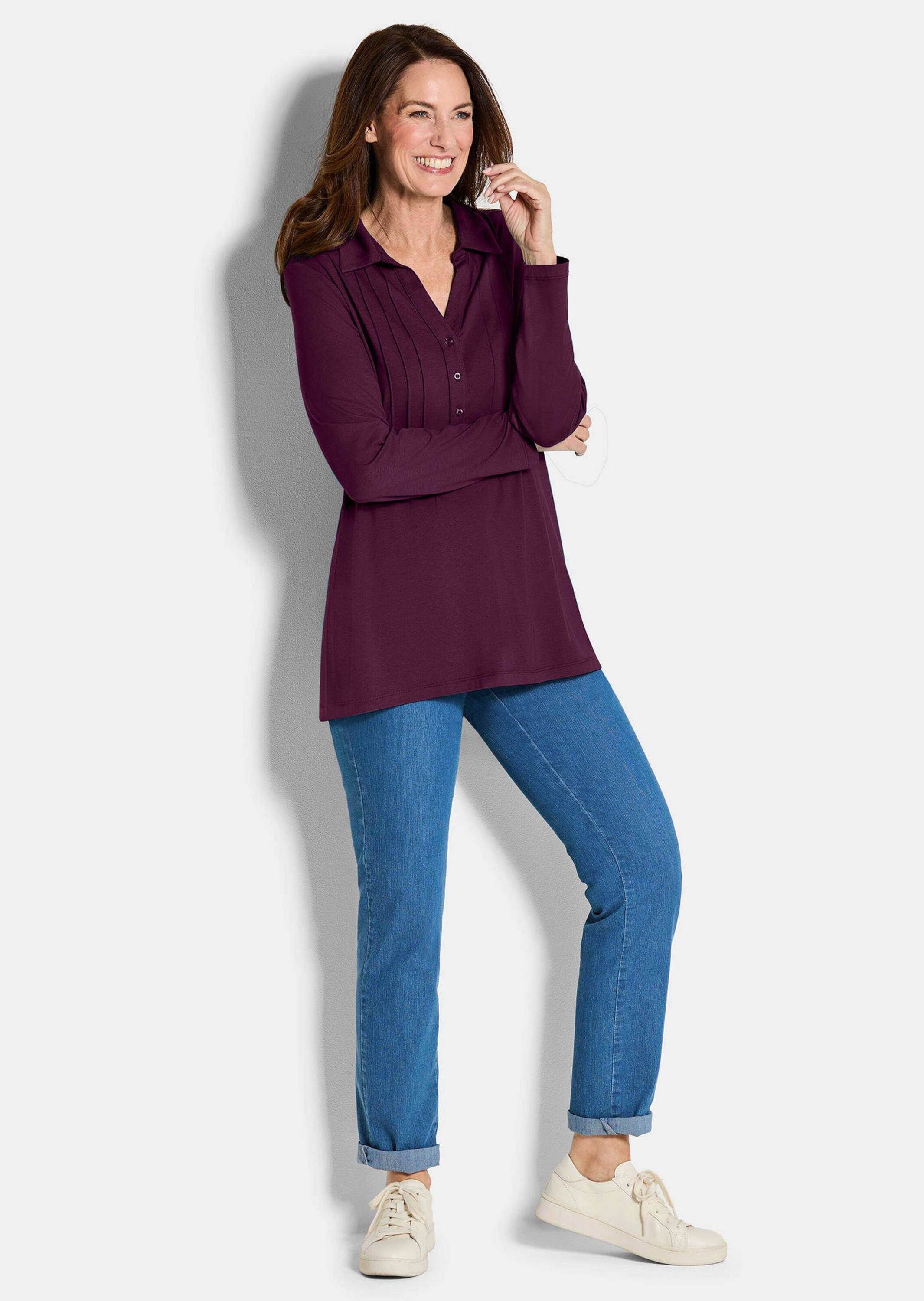 GOLDNER Longshirt Halbarm Blusenshirt mit Hemdkragen Feminine Bluse mit V-A günstig online kaufen