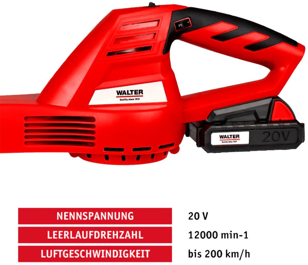WALTER Akku-Laubbläser 20V Akku Laubbläser inkl. Akku (2Ah) und Ladegerät