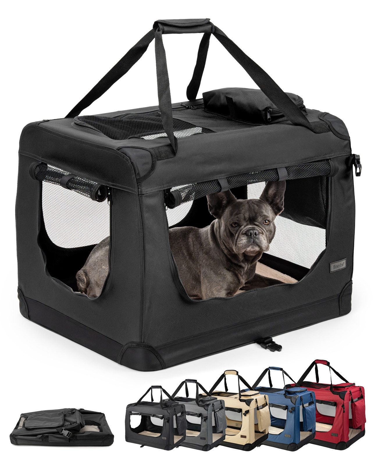 lionto Tiertransportbox stabil aus Textil, für Hunde und Katzen bis 15 kg, 70x52x50 cm, schwarz
