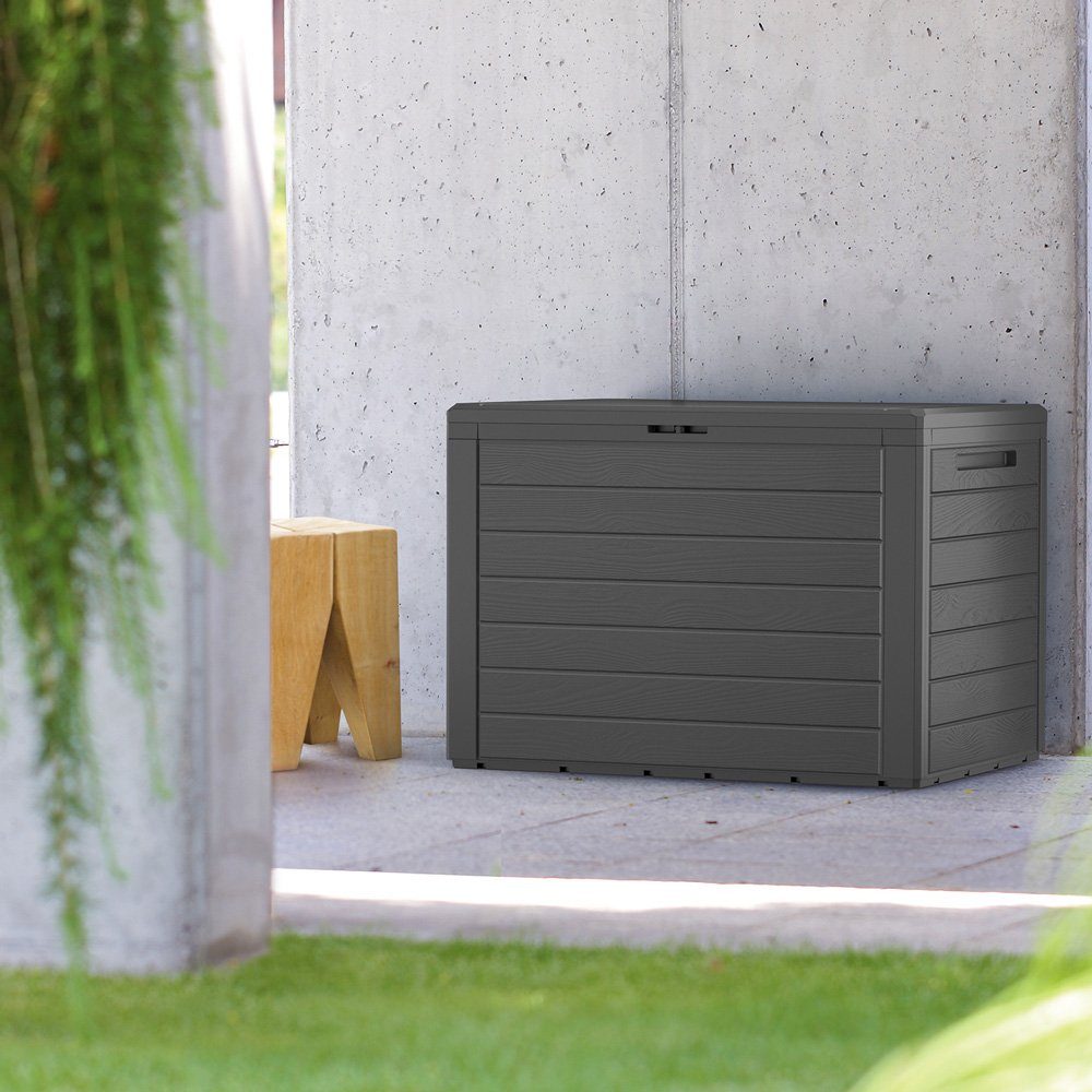 Casaria Auflagenbox Lille (1 St), Balkonbox Holzoptik Stecksystem Griffmulden Abschließvorrichtung Grau