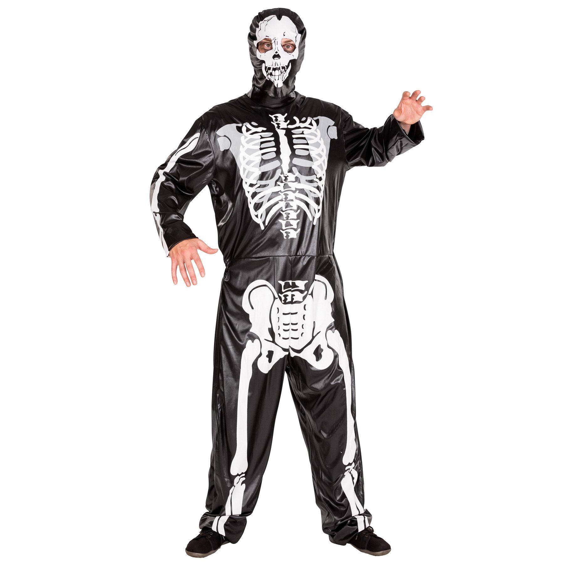 dressforfun Kostüm Skelettfigur/Knochenwesen, in schwarz, Gr. M, Jumpsuit und Maske, Realistischer Skelett-Aufdruck, Eingearbeiteter Reißverschl. hinten
